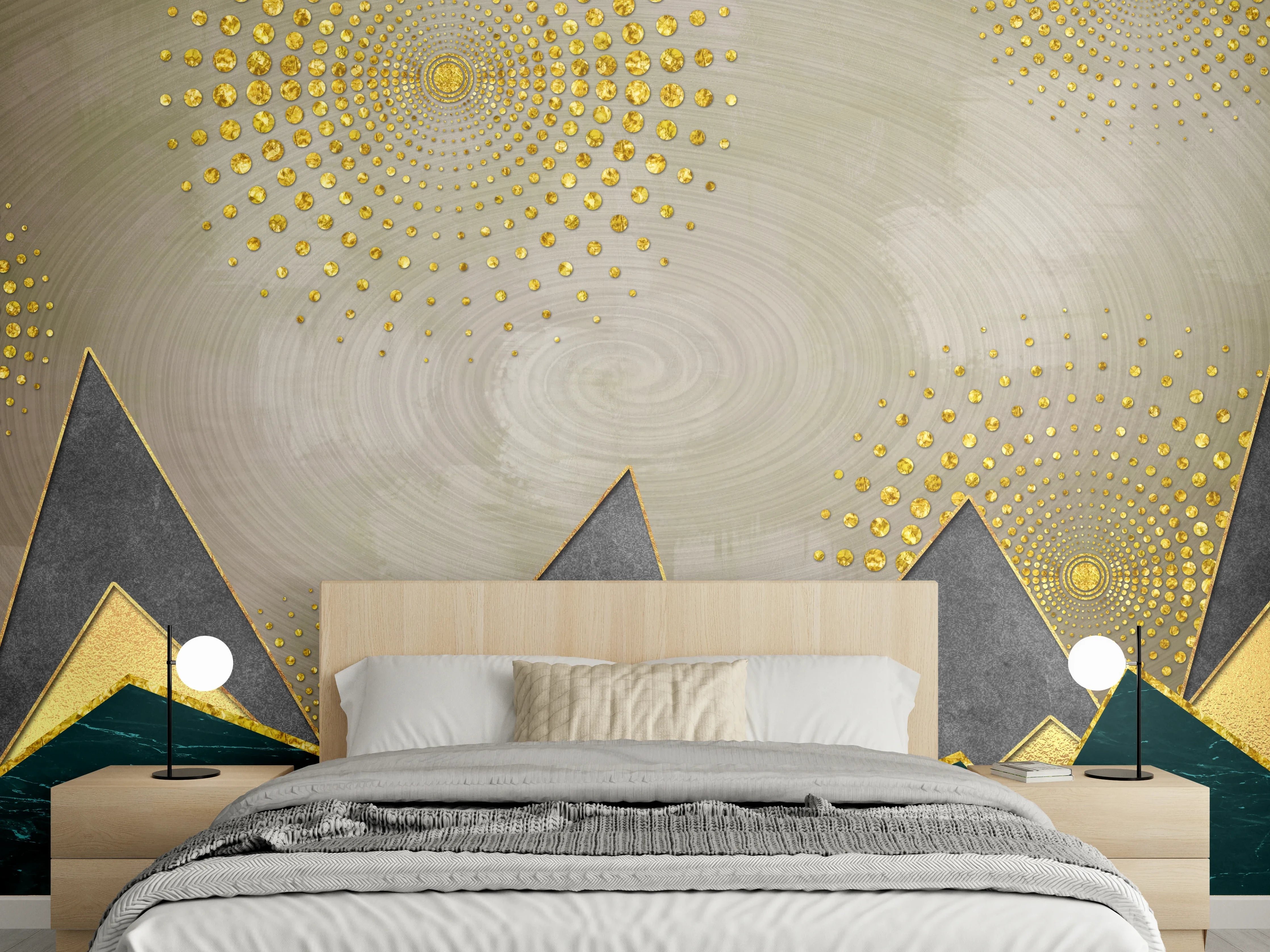 Wandverkleidung Schlafzimmer - Goldene Berge abstrakt Glamour