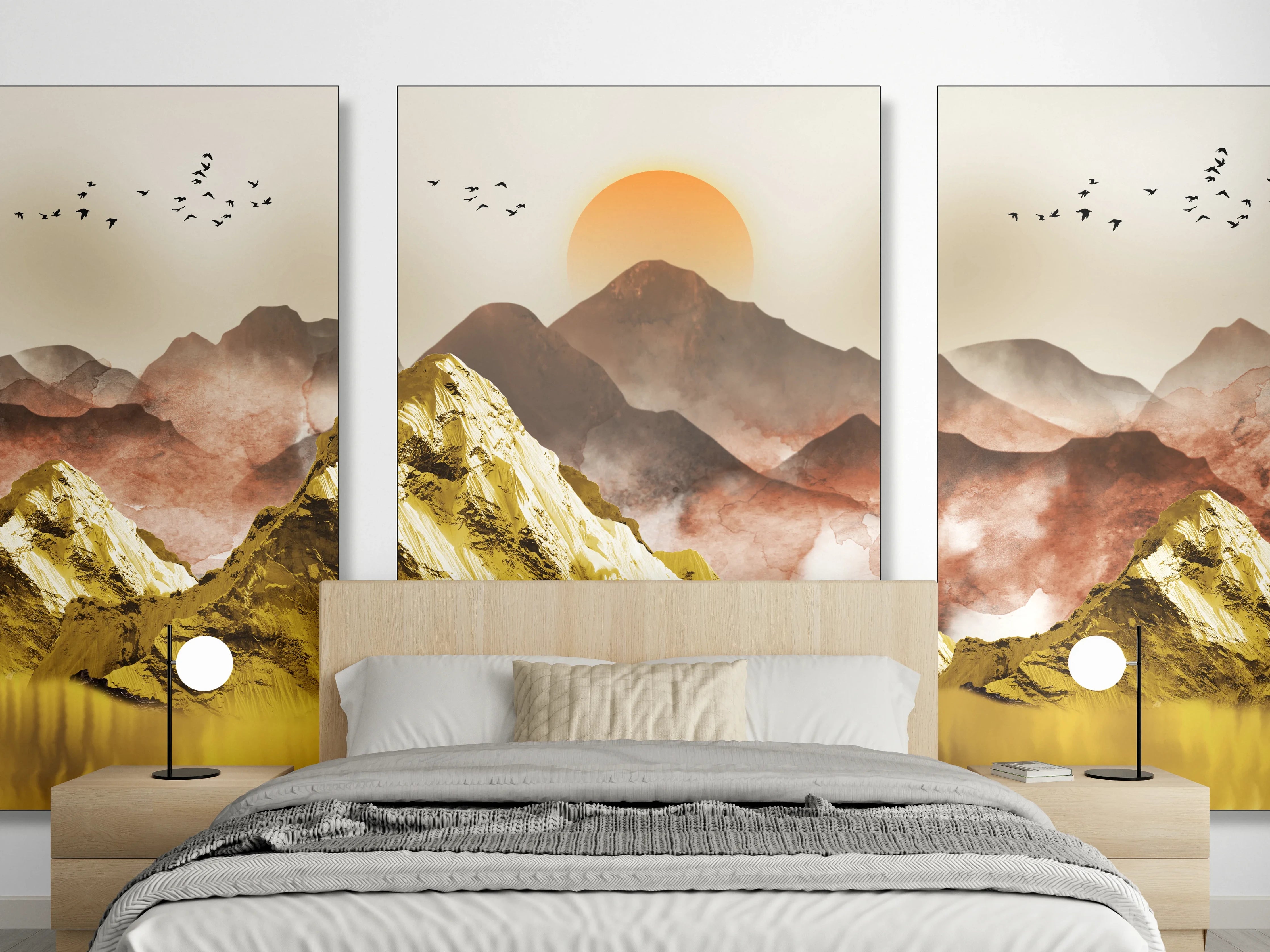 Wandverkleidung Schlafzimmer - Goldene Berglandschaft Sonnenuntergang Triptychon