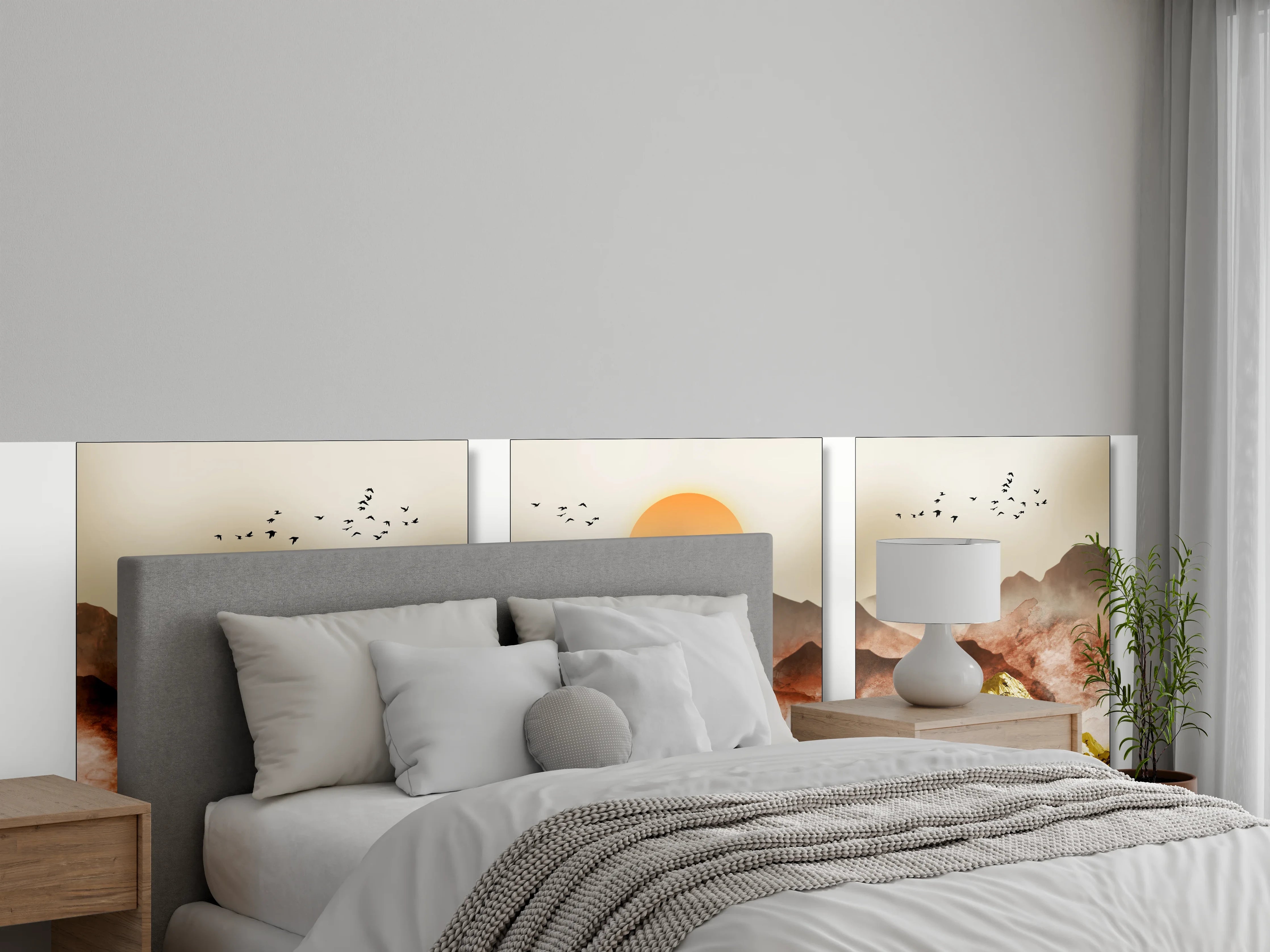 Wandverkleidung Schlafzimmer - Goldene Berglandschaft Sonnenuntergang Triptychon