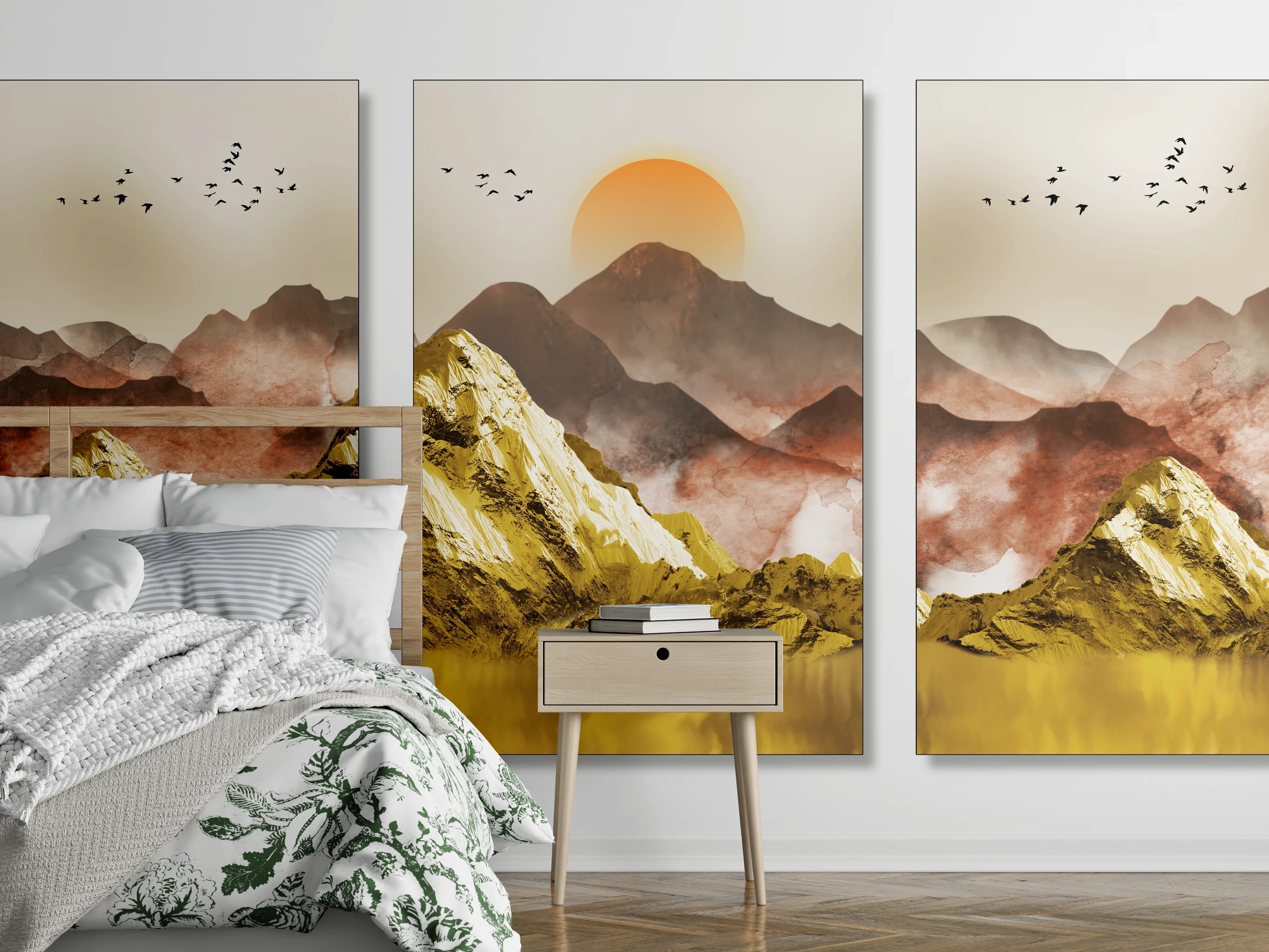 Wandverkleidung Schlafzimmer - Goldene Berglandschaft Sonnenuntergang Triptychon