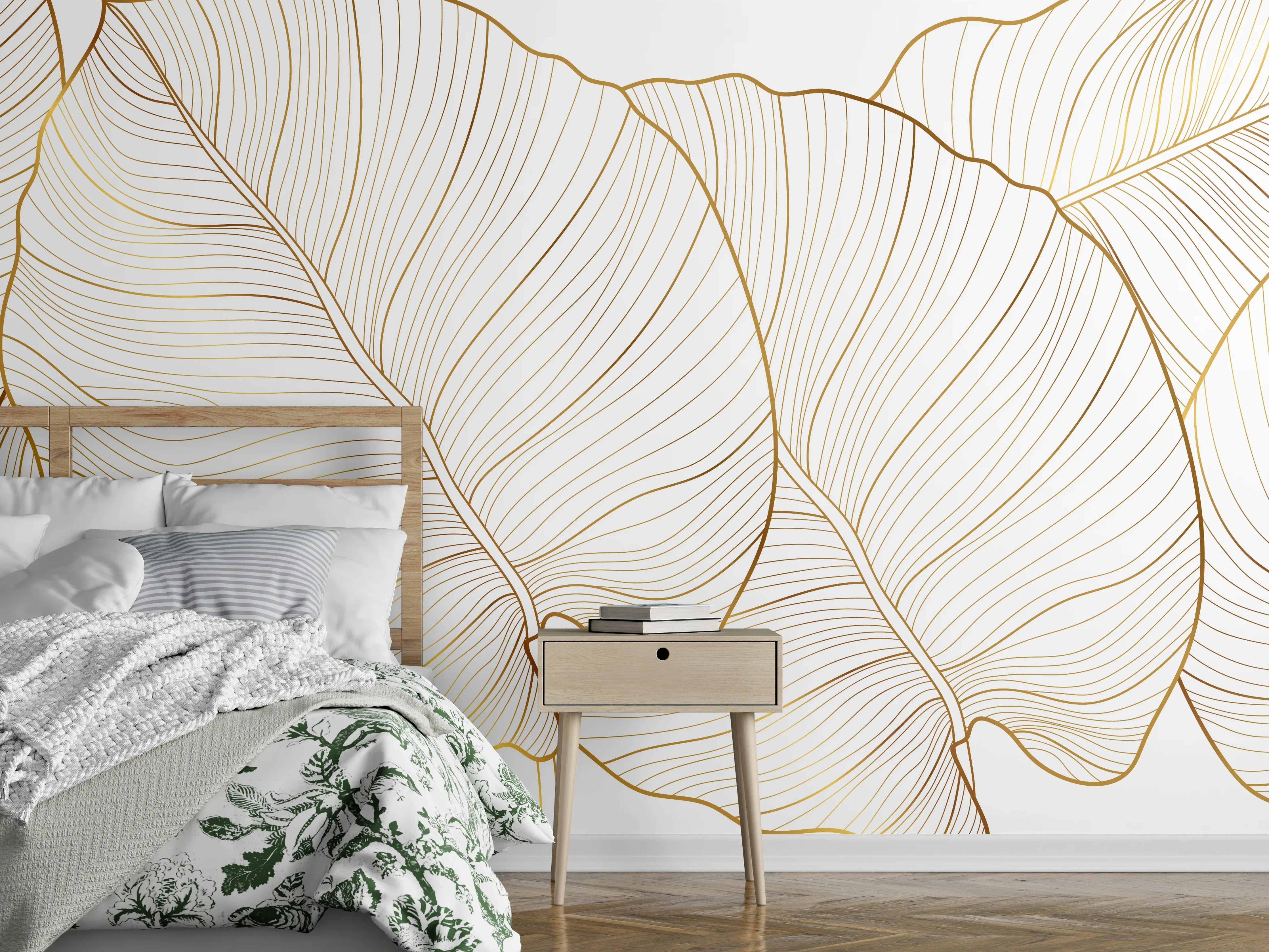 Wandverkleidung Schlafzimmer - Goldene Blattstruktur auf Weiß