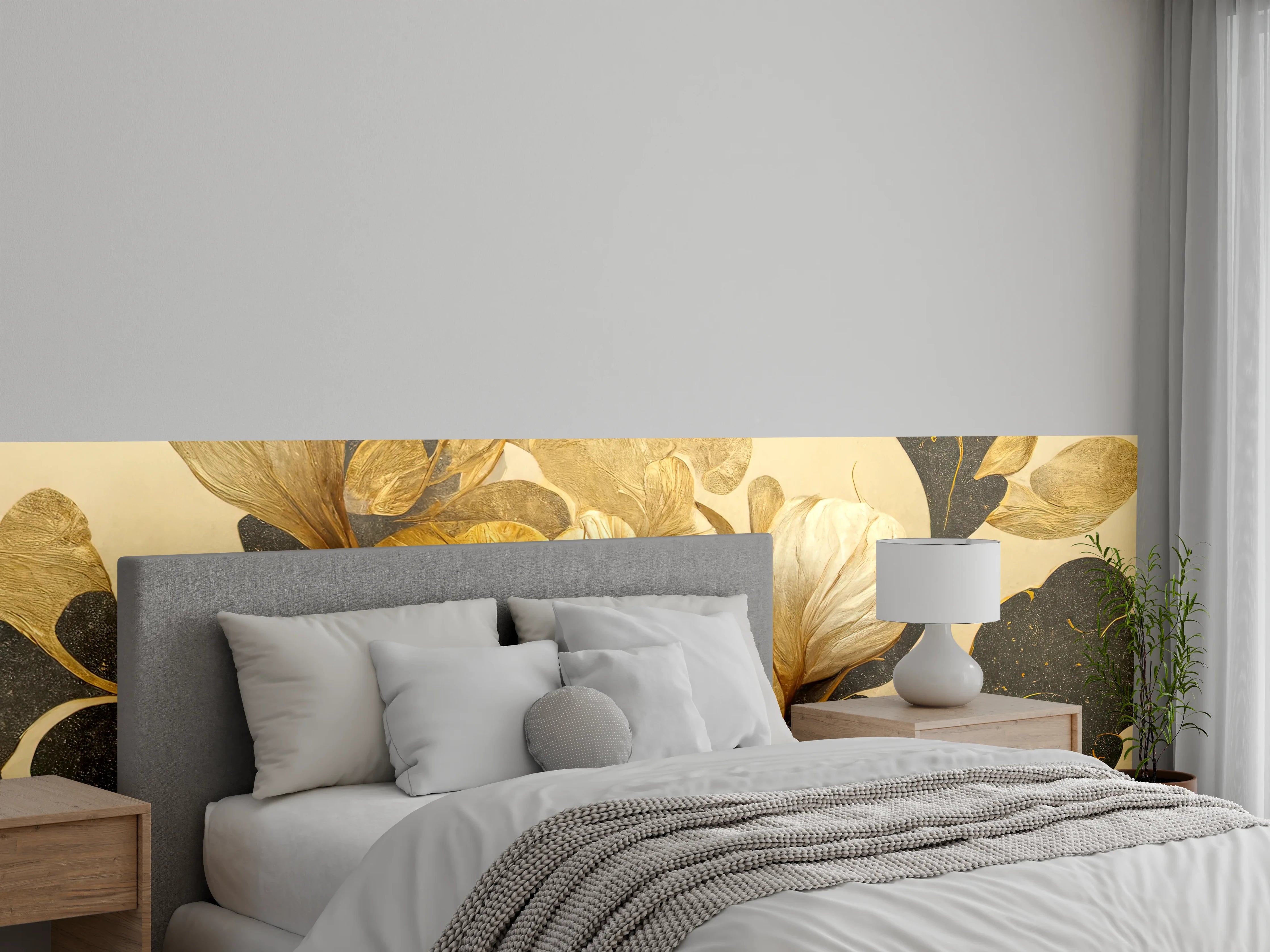 Wandverkleidung Schlafzimmer - Goldene Blüten auf dunklem Hintergrund