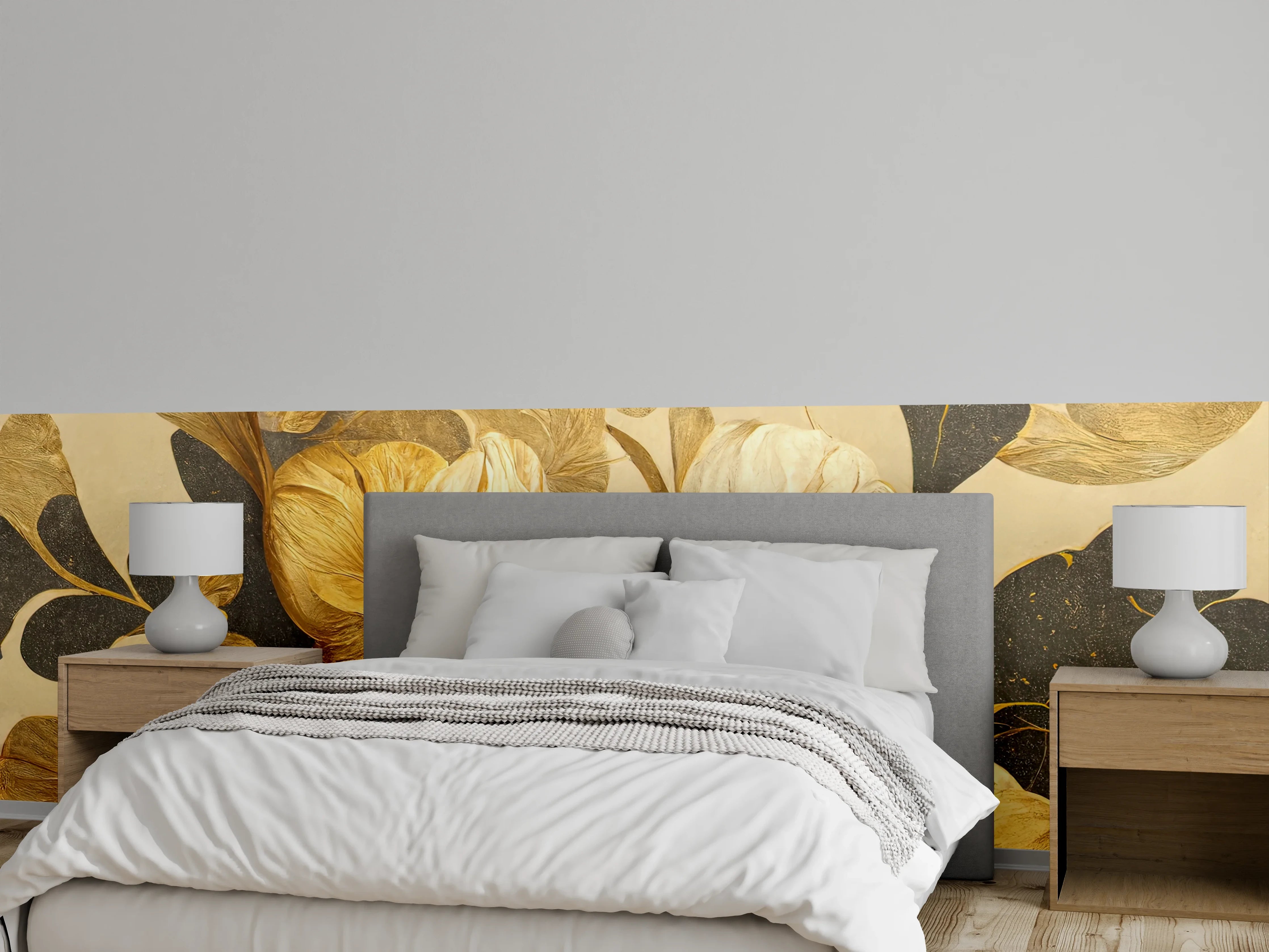 Wandverkleidung Schlafzimmer - Goldene Blüten auf dunklem Hintergrund