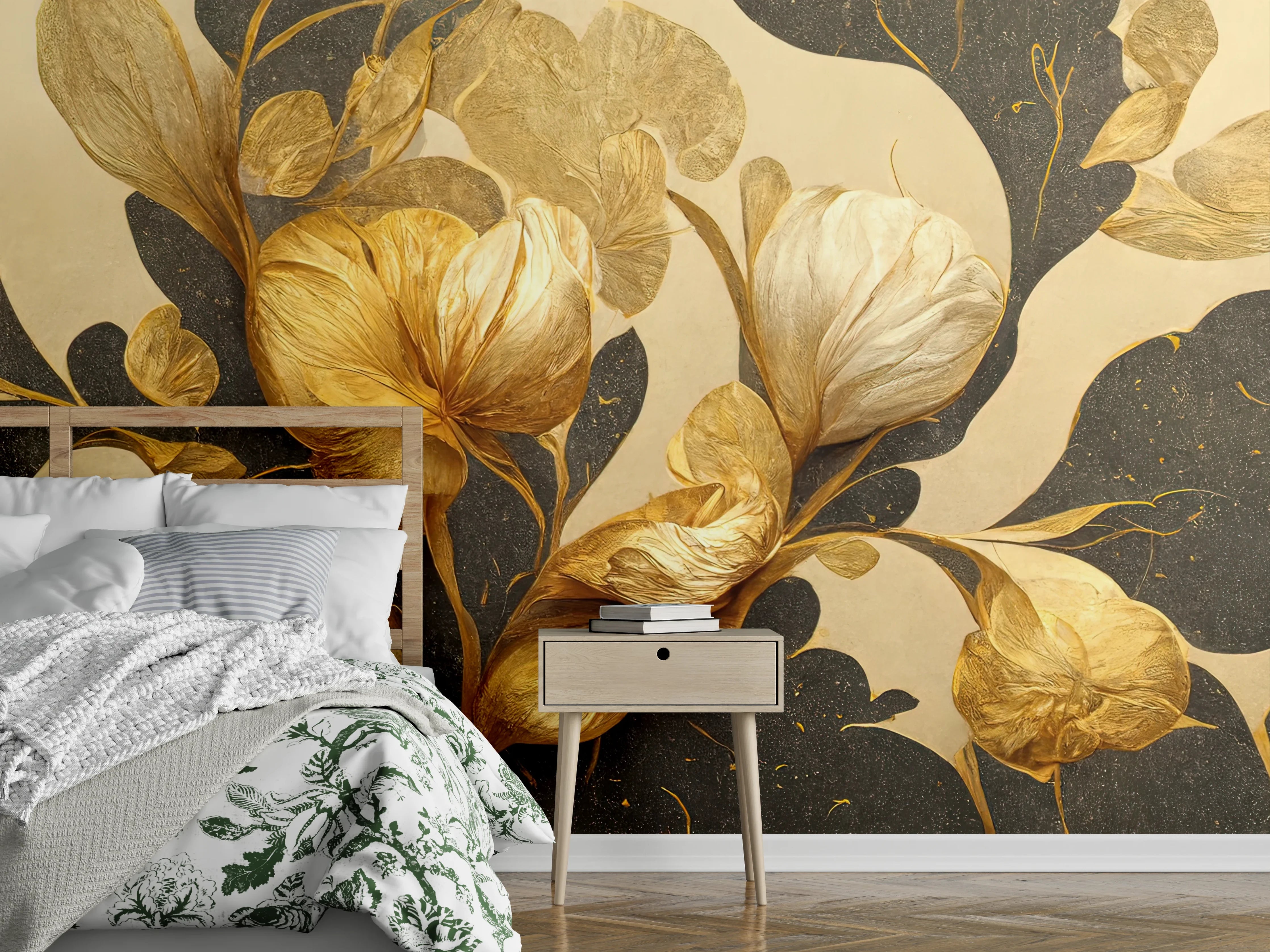 Wandverkleidung Schlafzimmer - Goldene Blüten auf dunklem Hintergrund