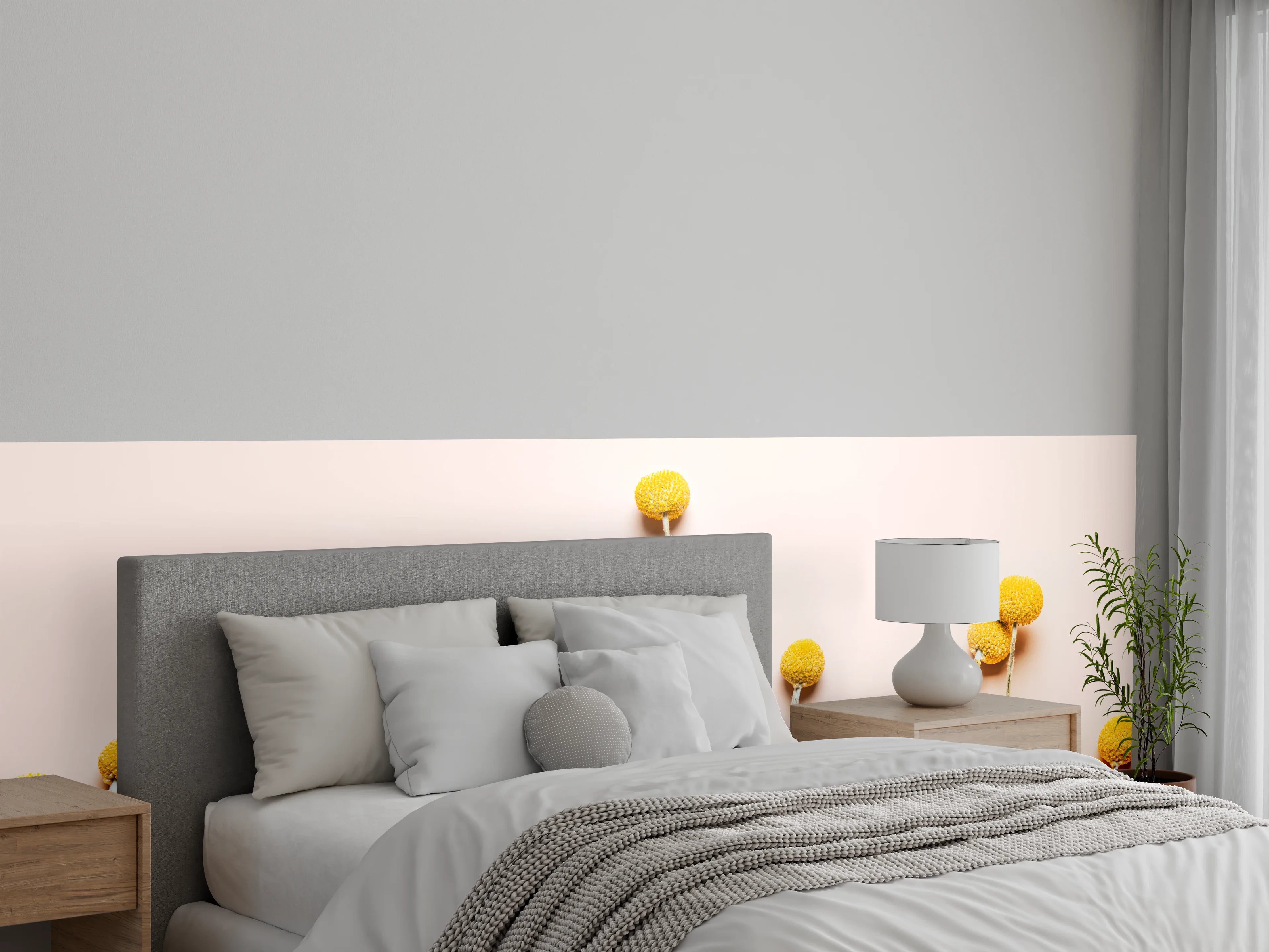 Wandverkleidung Schlafzimmer - Goldene Blüten vor grauweißer Stille