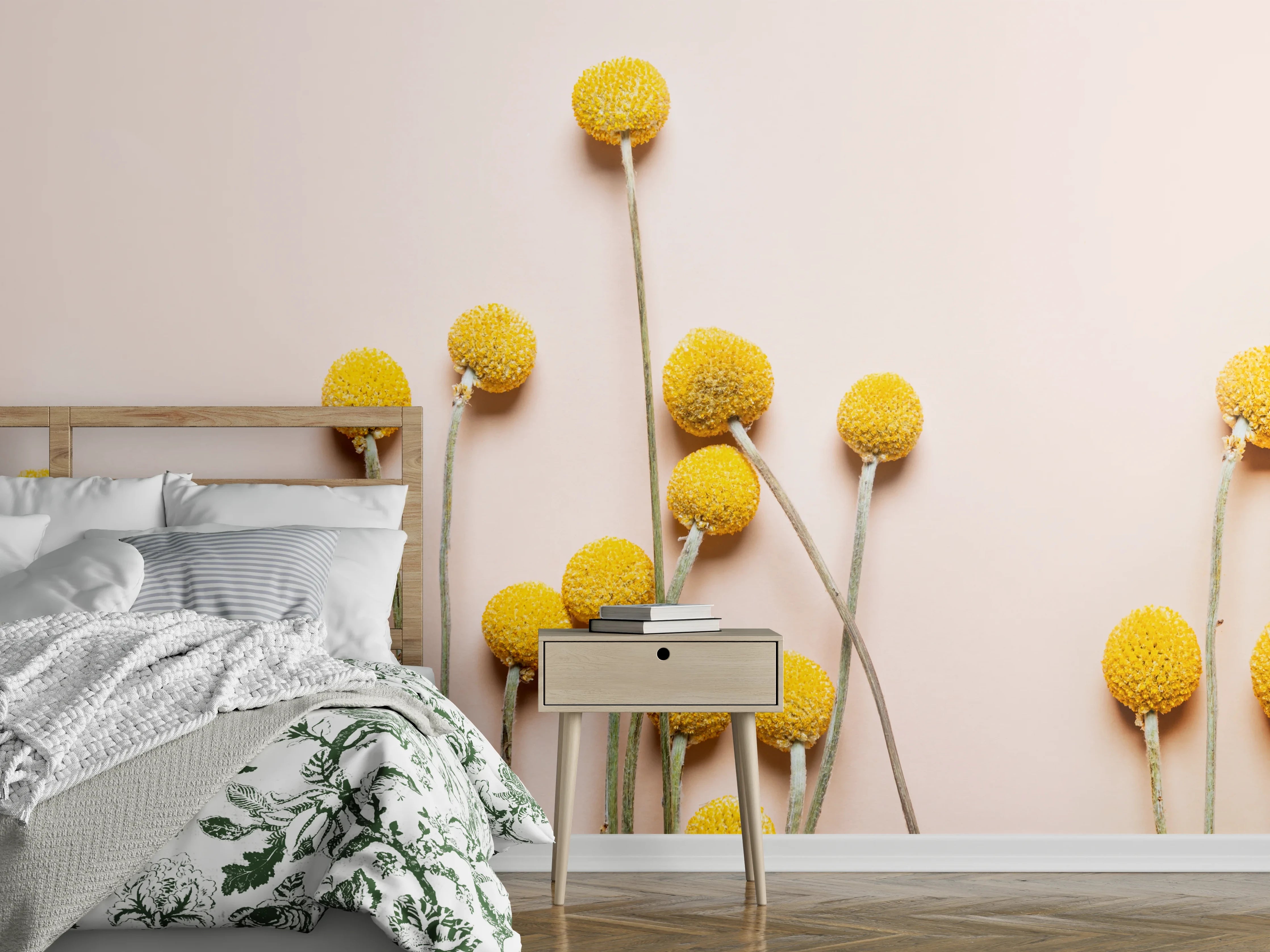 Wandverkleidung Schlafzimmer - Goldene Blüten vor grauweißer Stille