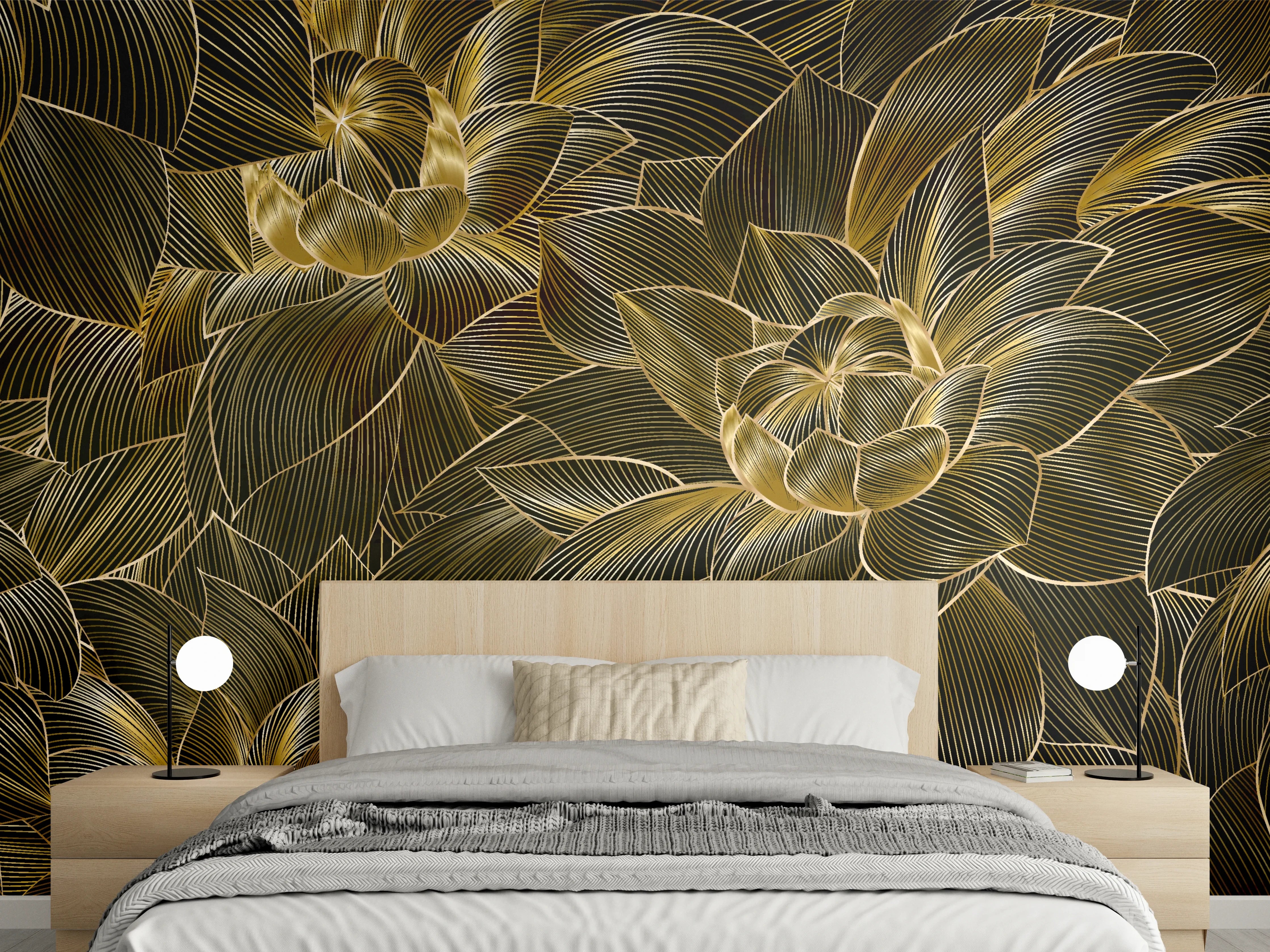 Wandverkleidung Schlafzimmer - Goldene Blütenmuster Tapete