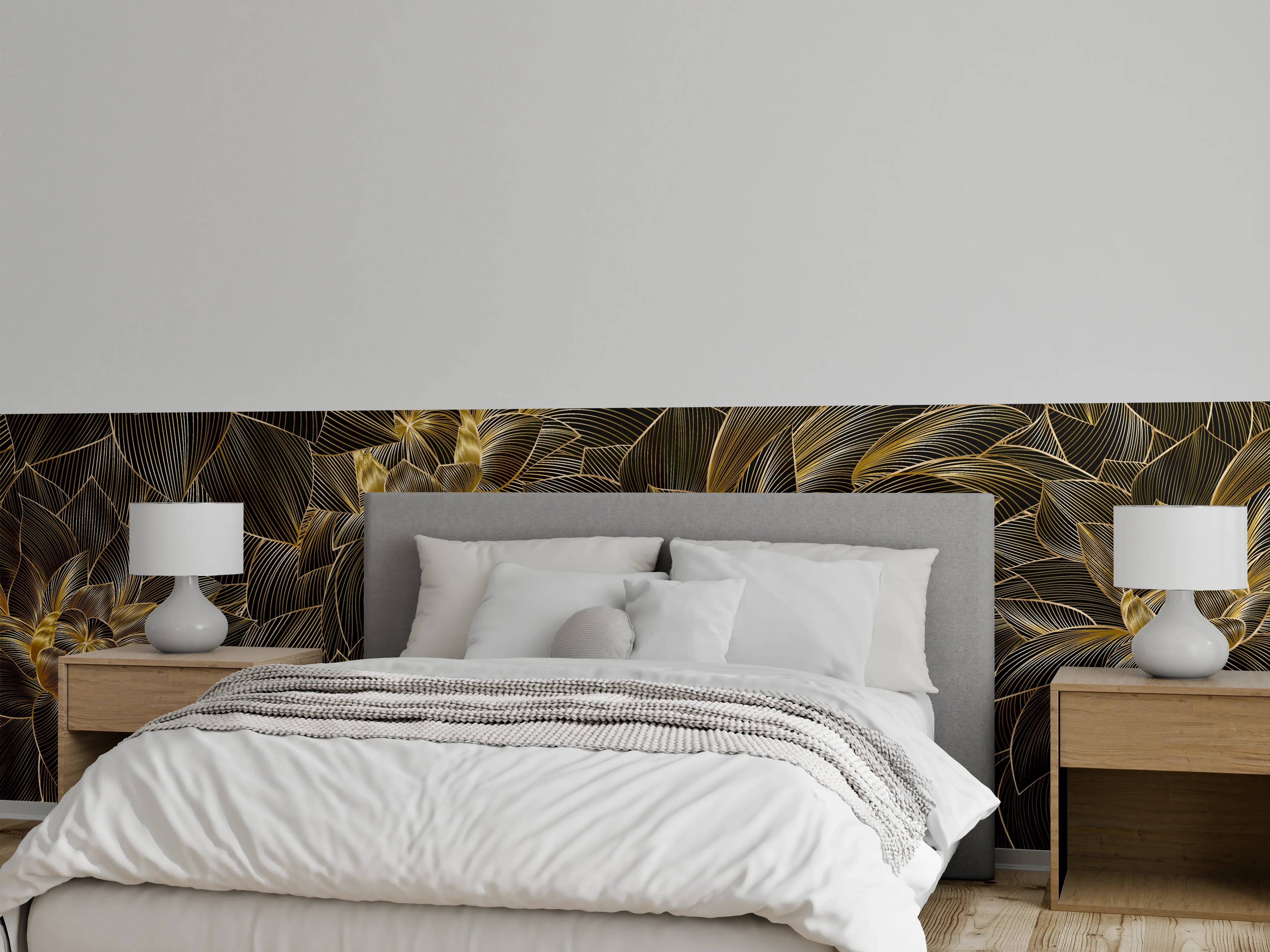 Wandverkleidung Schlafzimmer - Goldene Blütenmuster Tapete