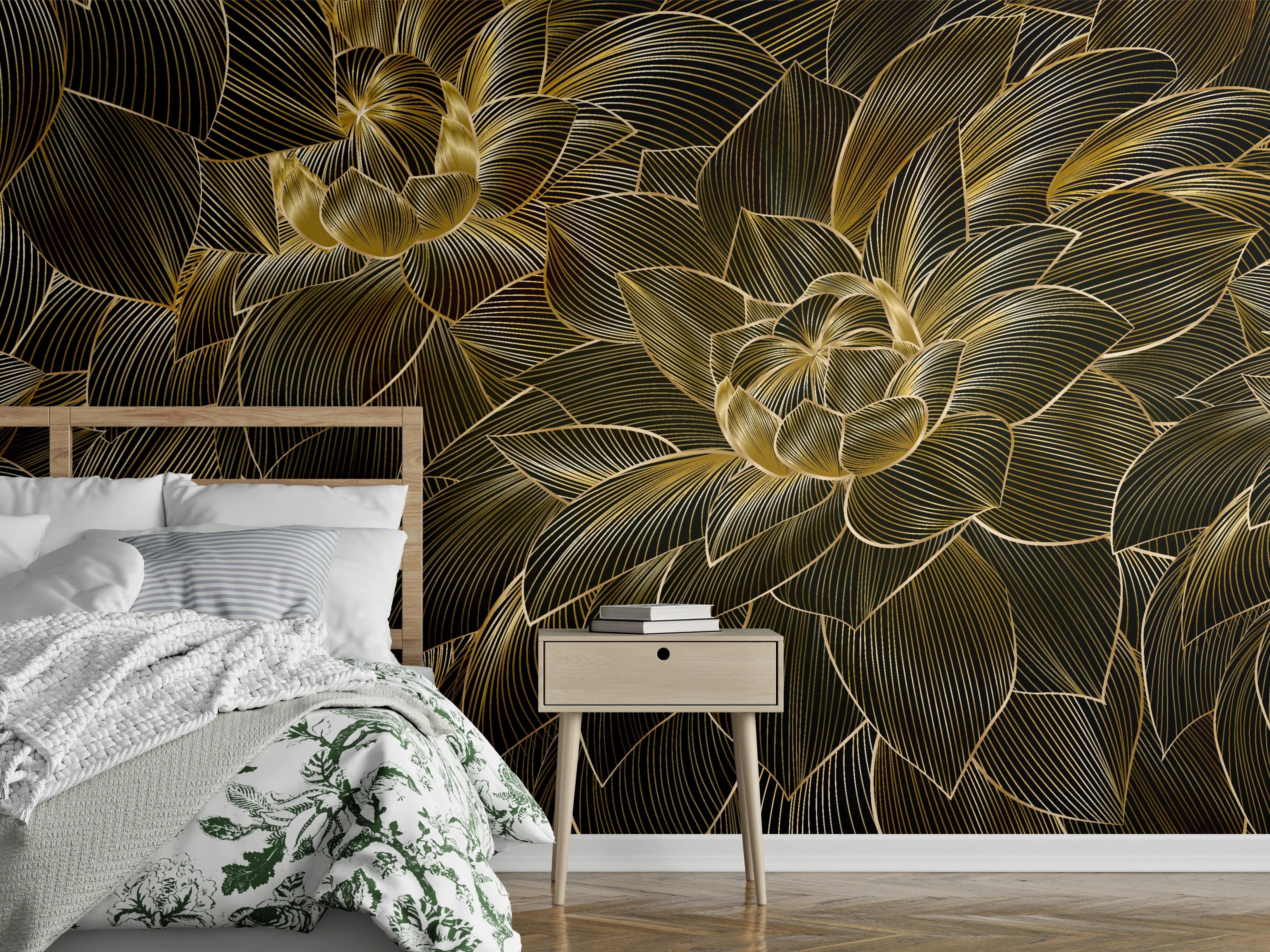 Wandverkleidung Schlafzimmer - Goldene Blütenmuster Tapete
