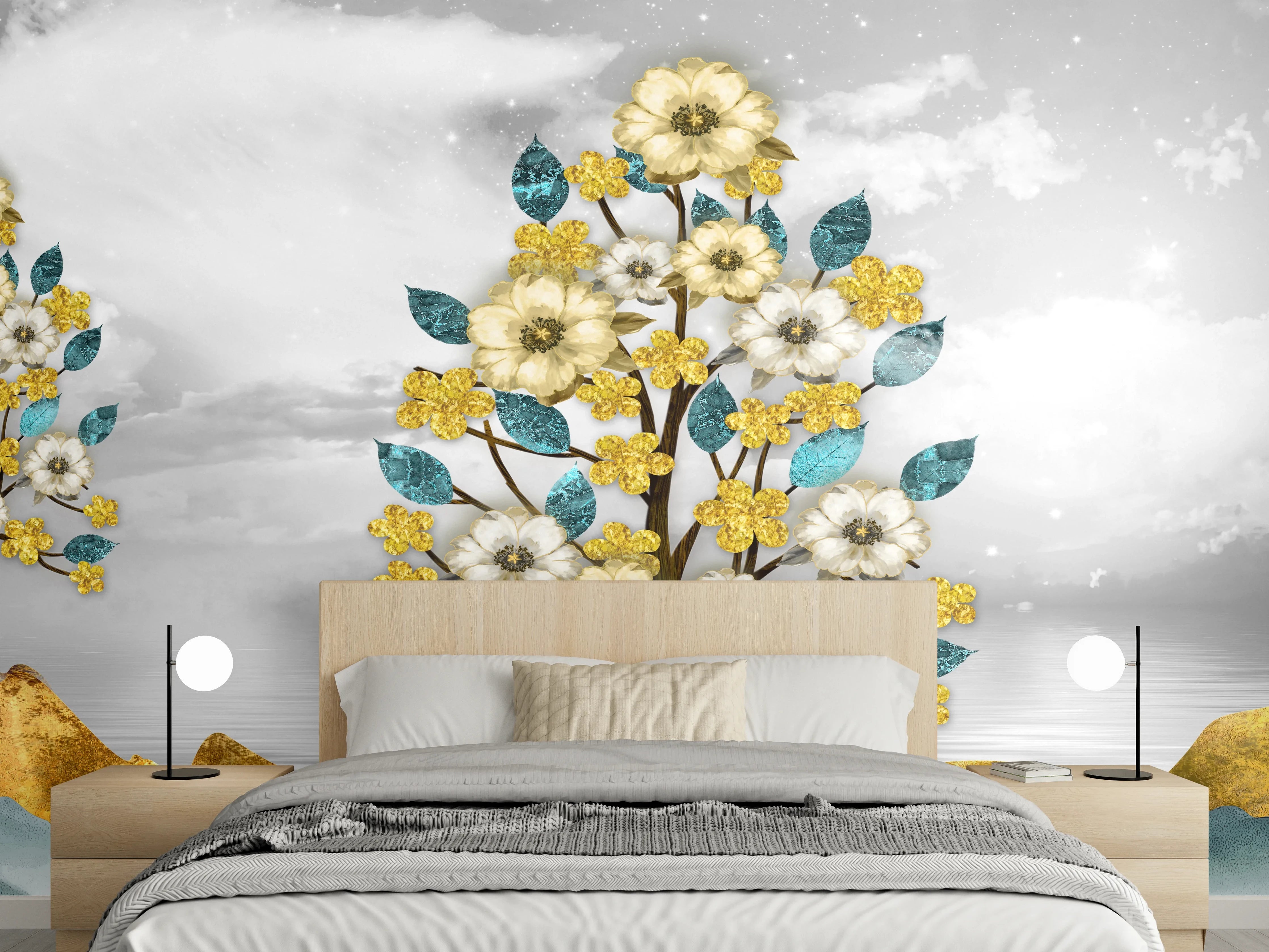 Wandverkleidung Schlafzimmer - Goldene Blumenbäume auf Bergen