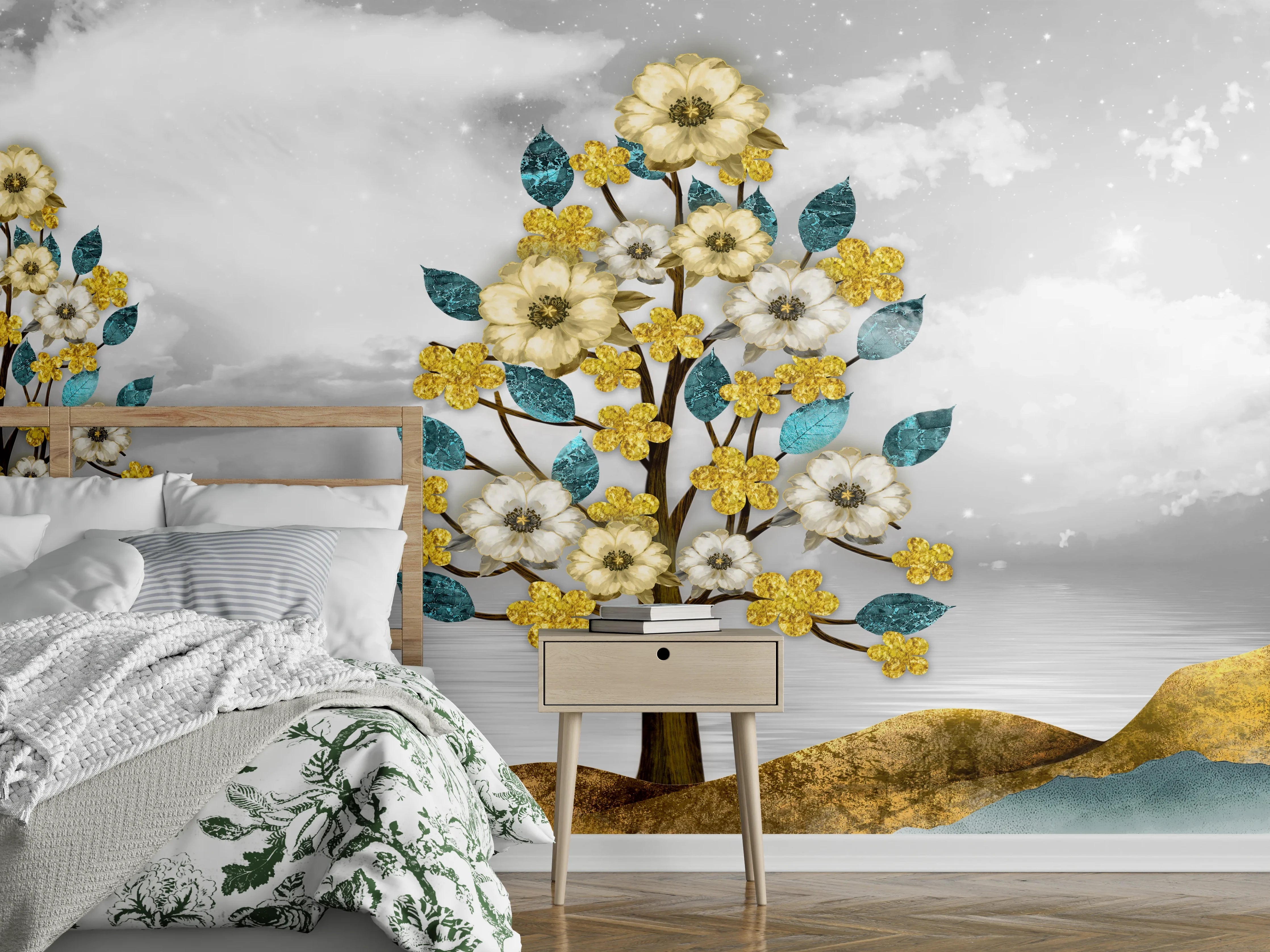 Wandverkleidung Schlafzimmer - Goldene Blumenbäume auf Bergen