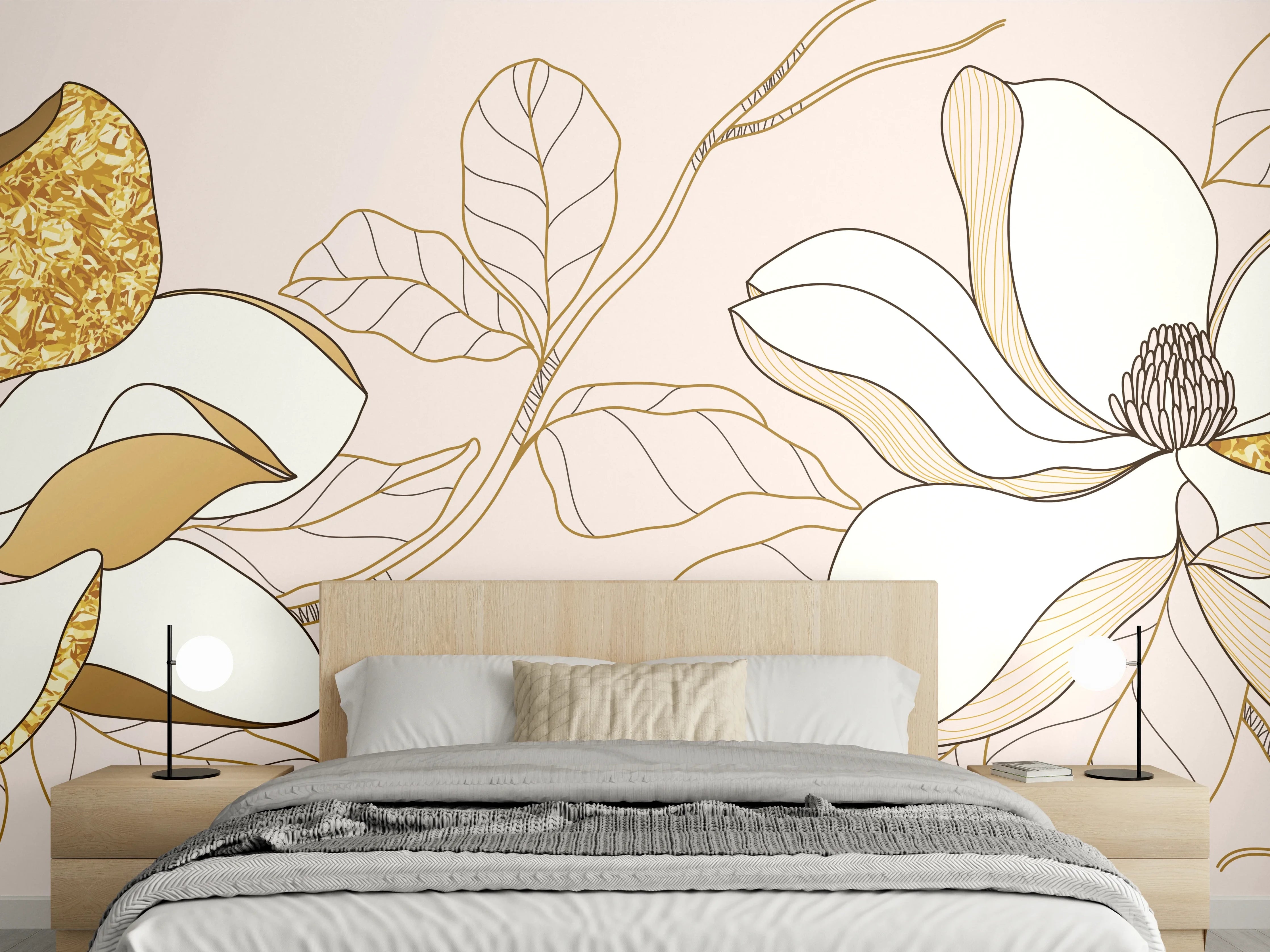 Wandverkleidung Schlafzimmer - Goldene Blumenmuster Illustration
