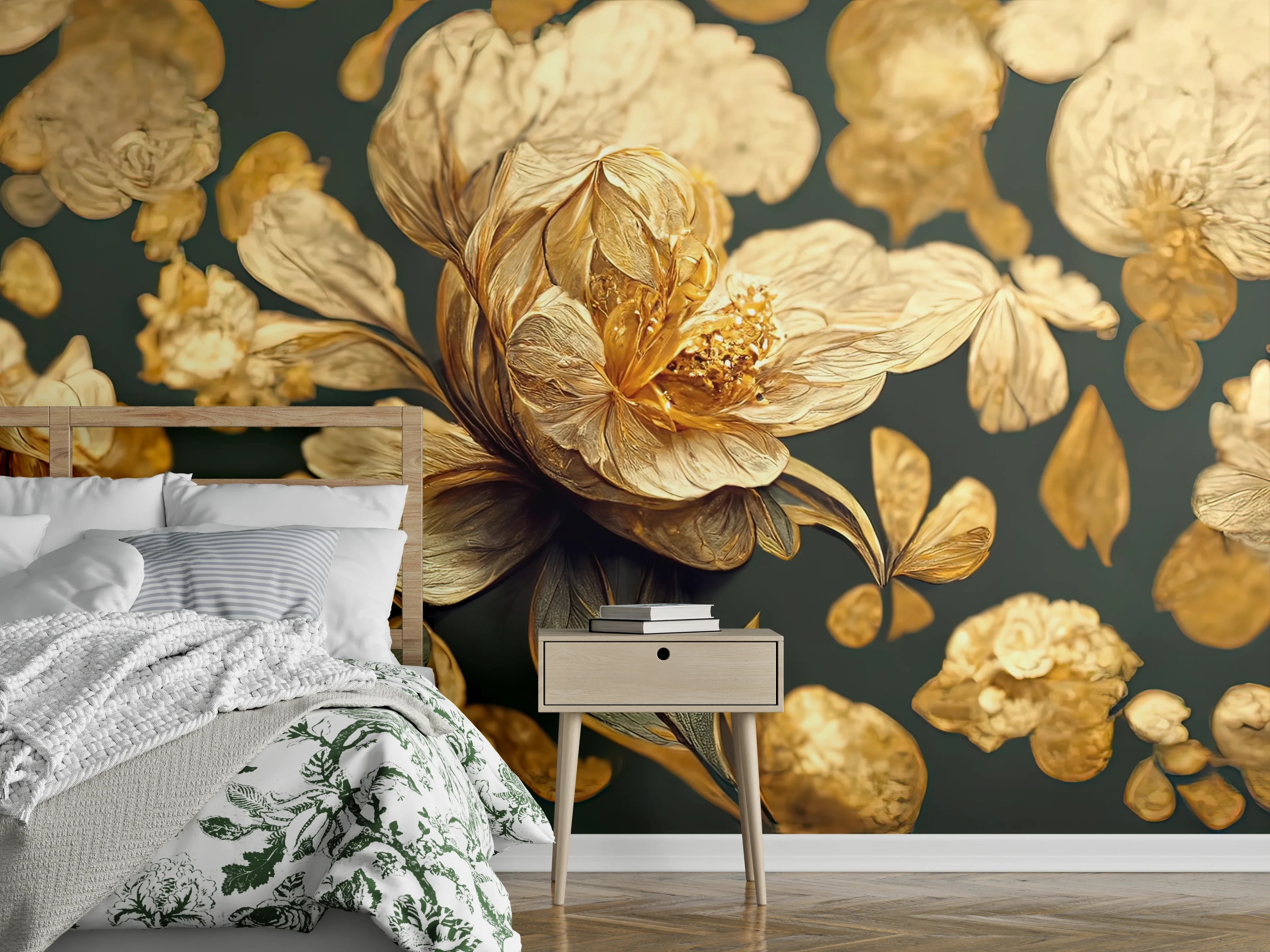 Wandverkleidung Schlafzimmer - Goldene Blumenpracht mit filigraner Optik