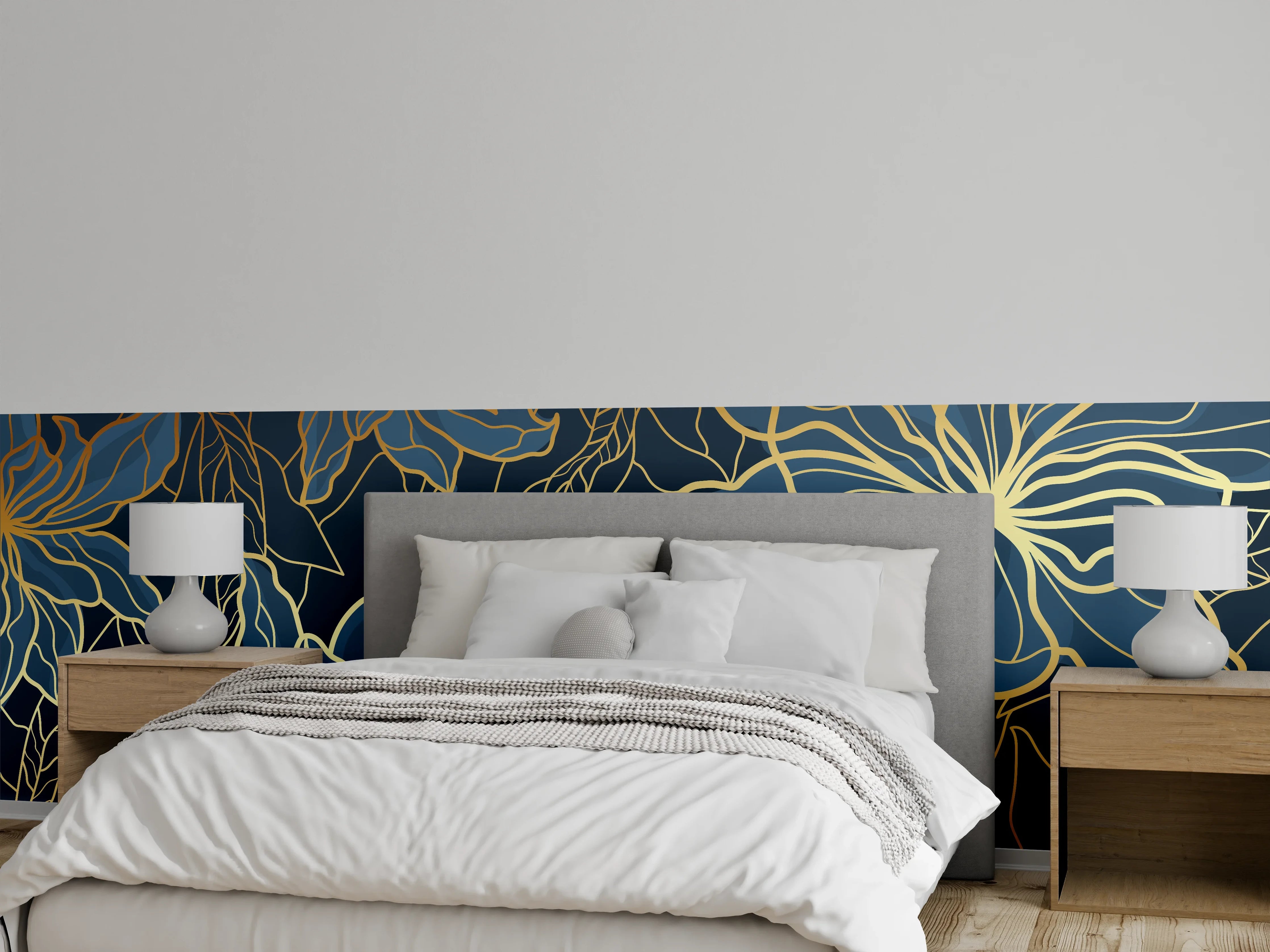 Wandverkleidung Schlafzimmer - Goldene Blumenranken auf Dunkelblau