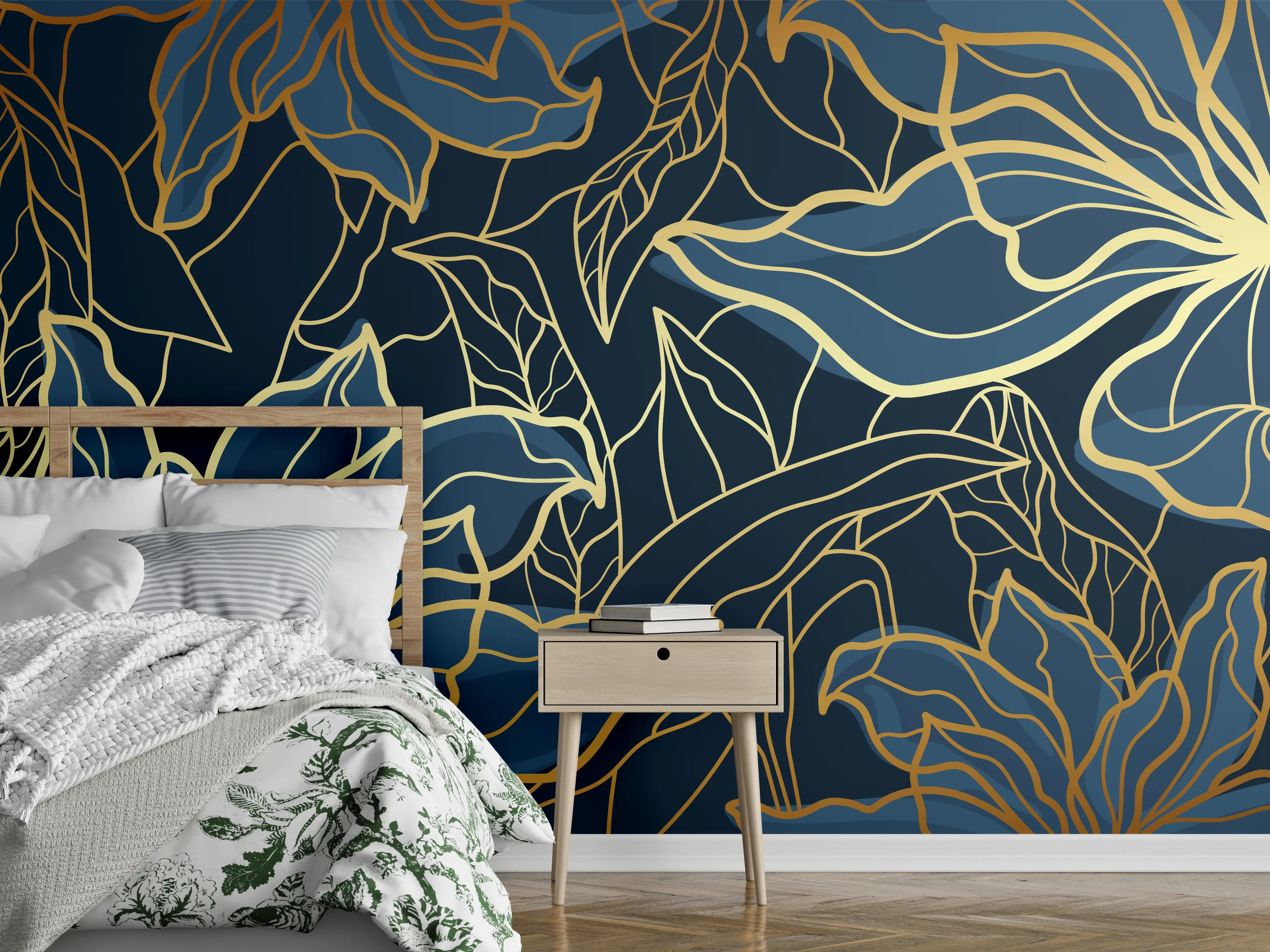 Wandverkleidung Schlafzimmer - Goldene Blumenranken auf Dunkelblau