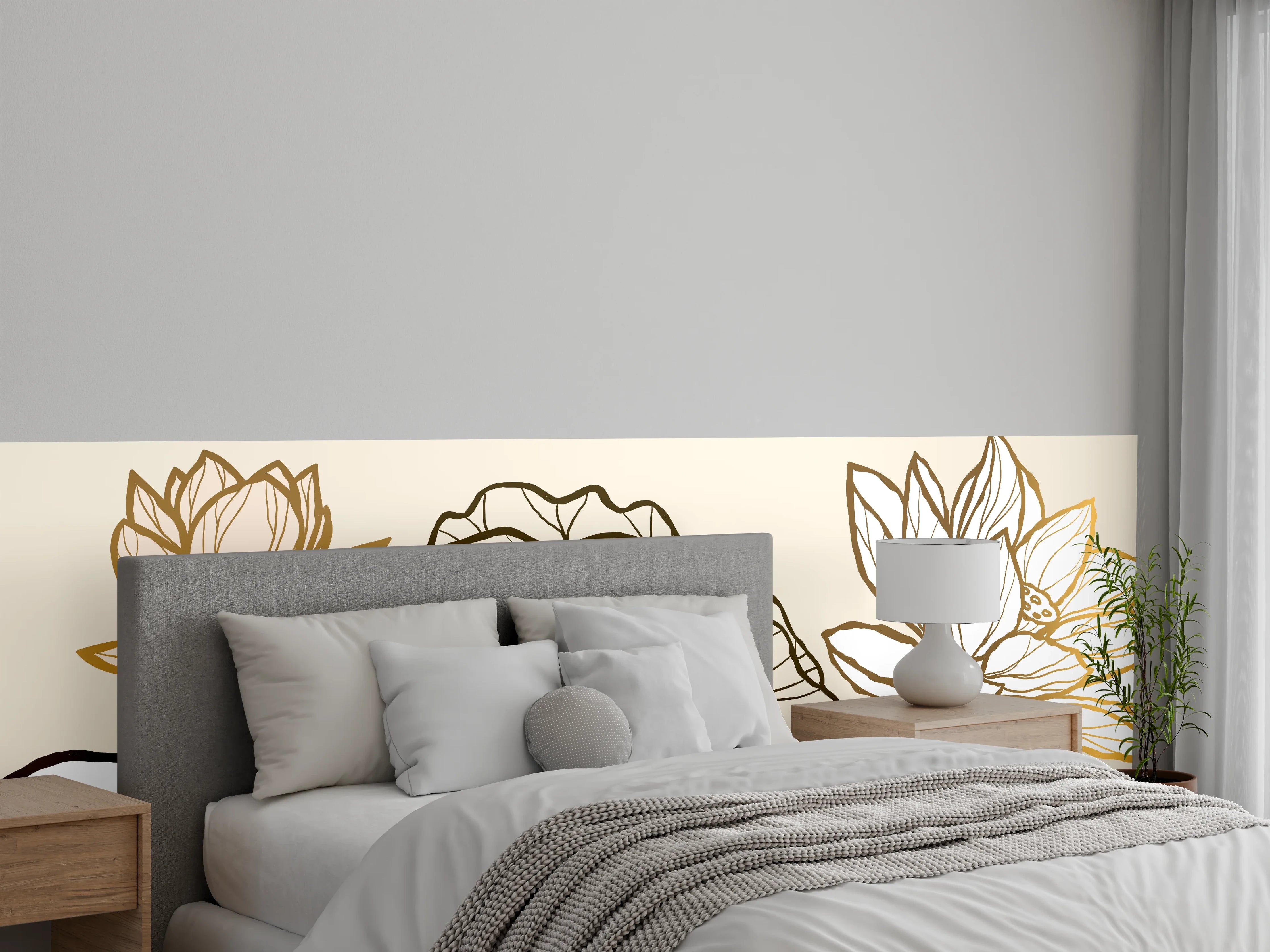 Wandverkleidung Schlafzimmer - Goldene Botanik Lineart Illustration