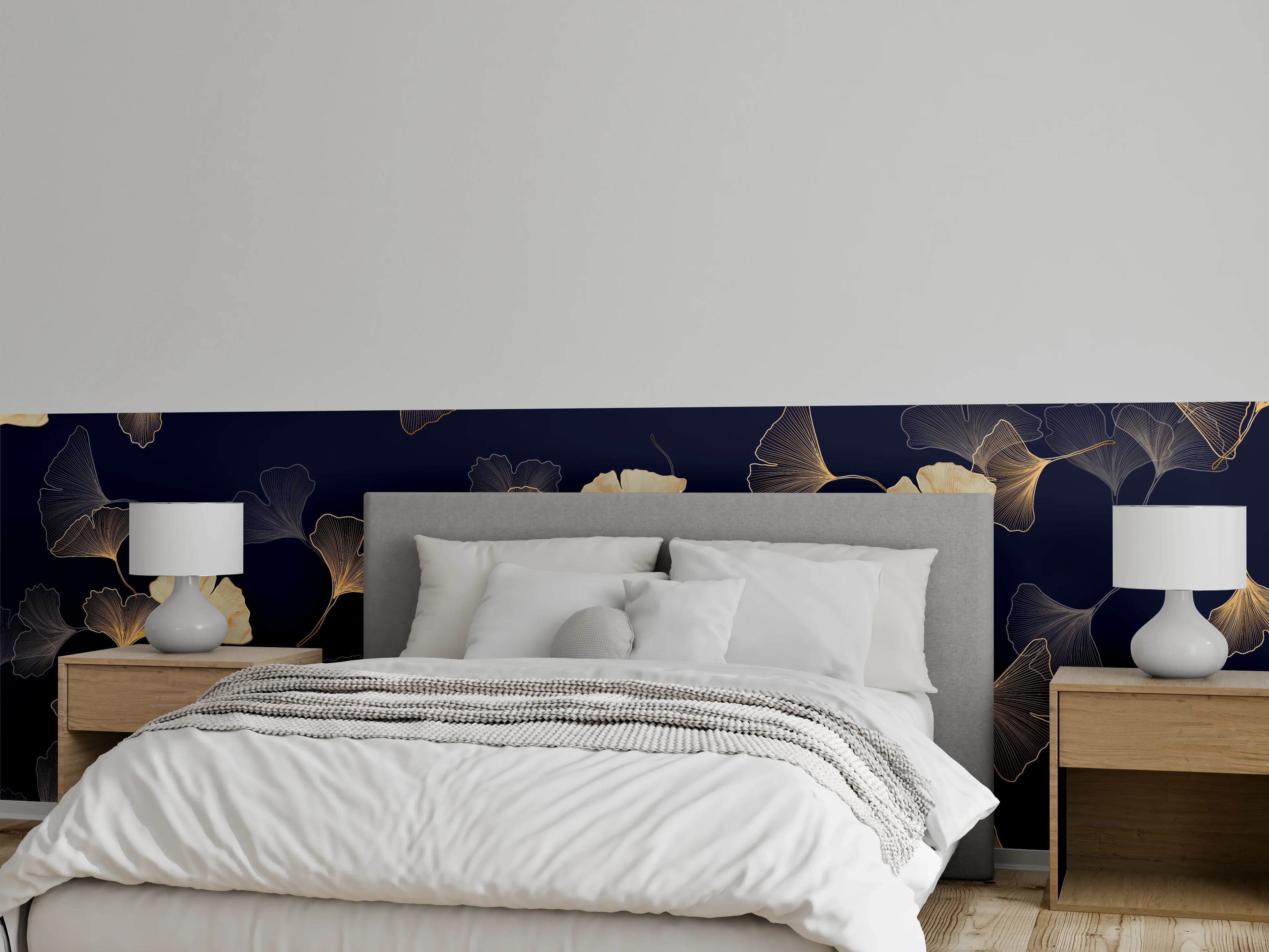 Wandverkleidung Schlafzimmer - Goldene Ginkgo Blatt Design Tapete