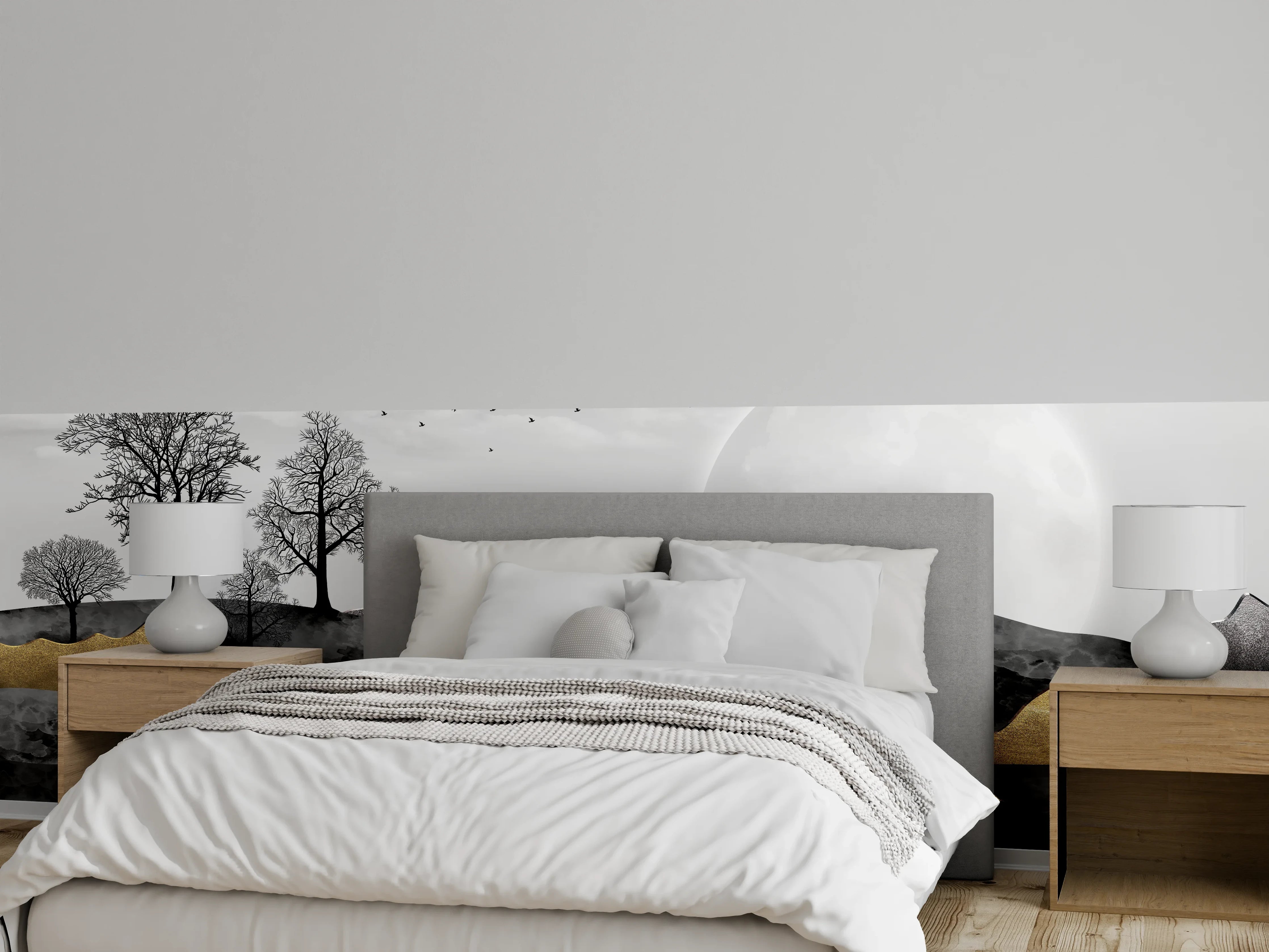 Wandverkleidung Schlafzimmer - Goldene Hügellandschaft Schwarze Bäume Mond