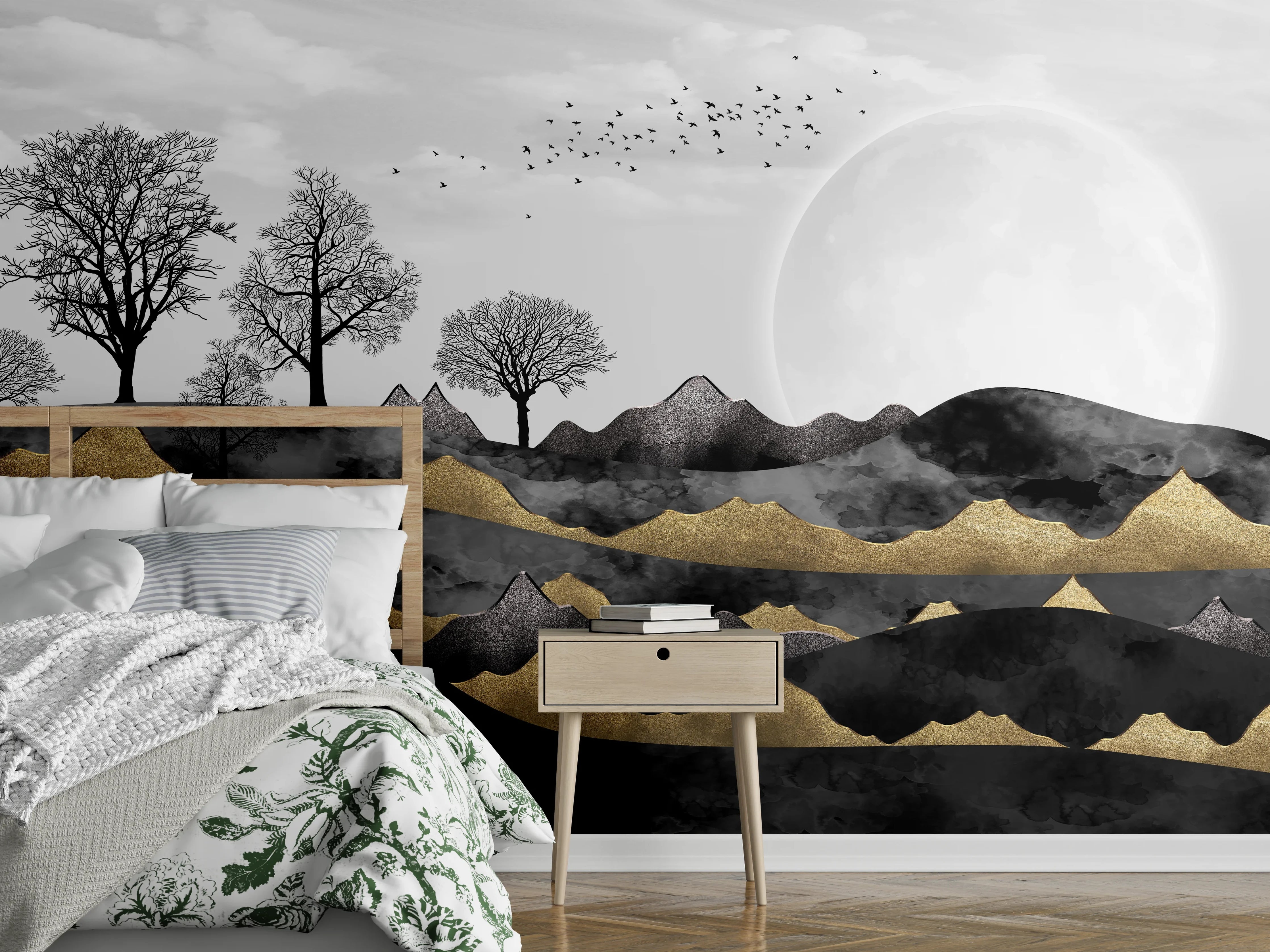 Wandverkleidung Schlafzimmer - Goldene Hügellandschaft Schwarze Bäume Mond