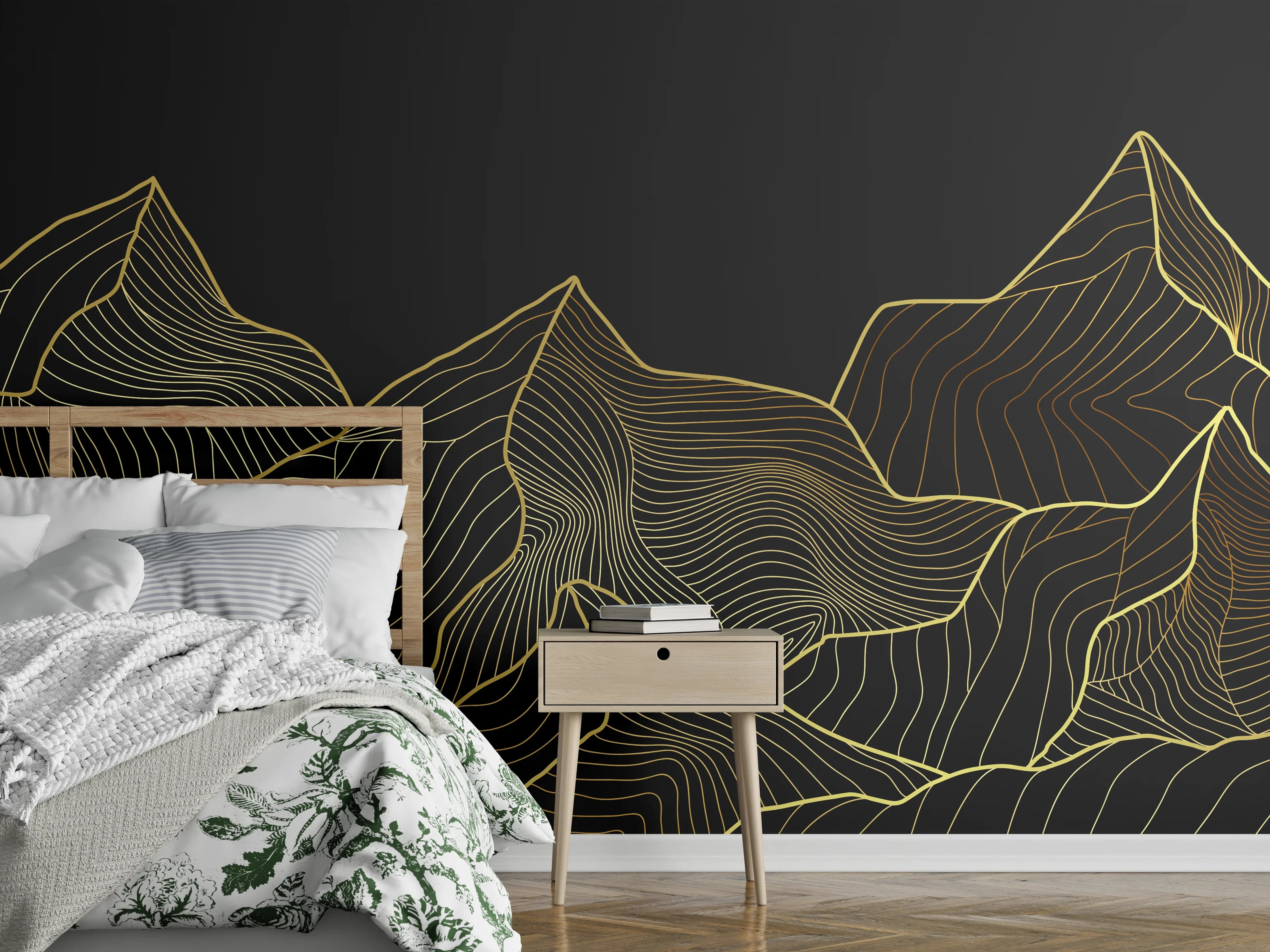 Wandverkleidung Schlafzimmer - Goldene Lineart-Berge auf Schwarz