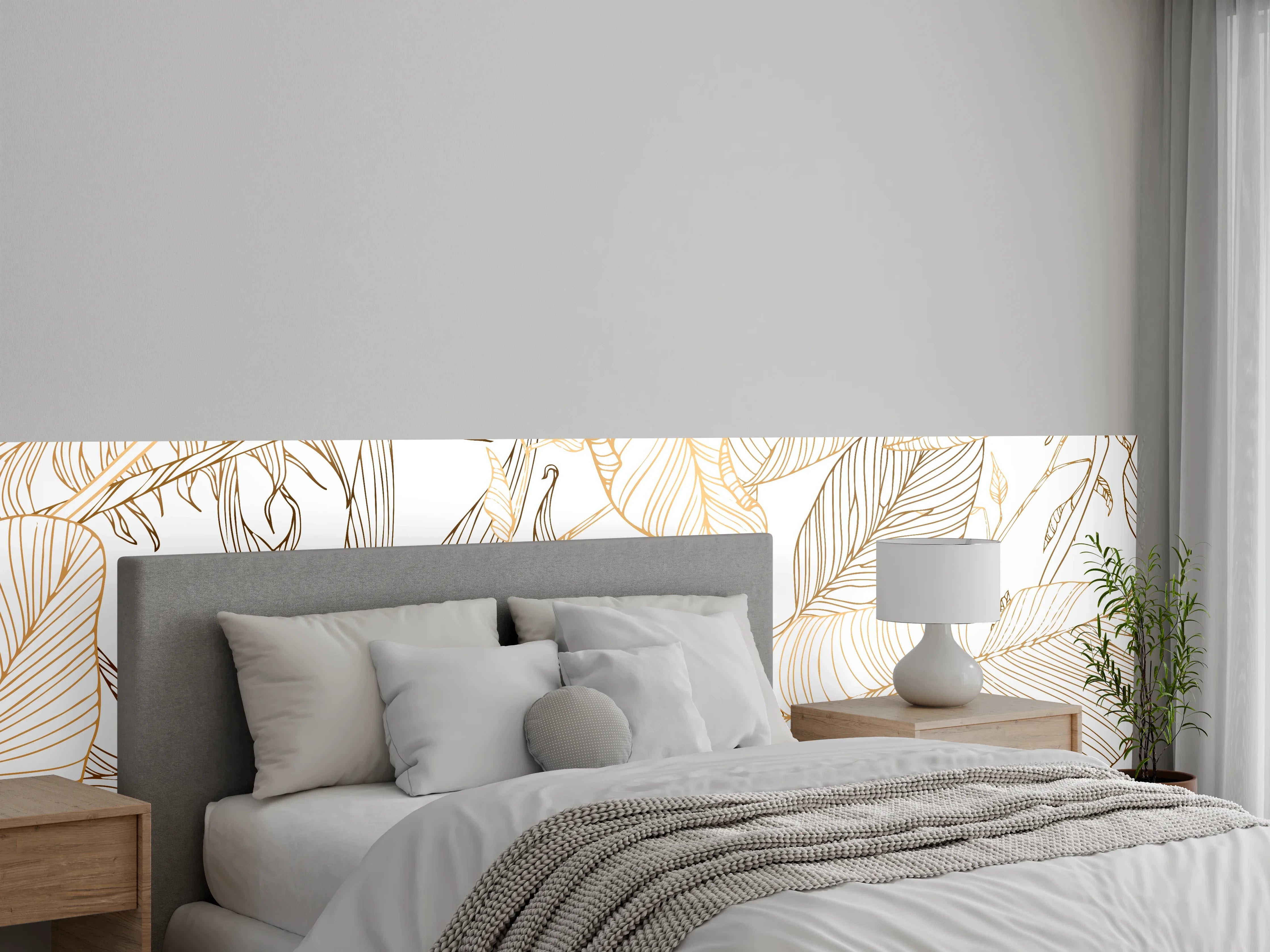 Wandverkleidung Schlafzimmer - Goldene Lineart Blattmuster Kunst