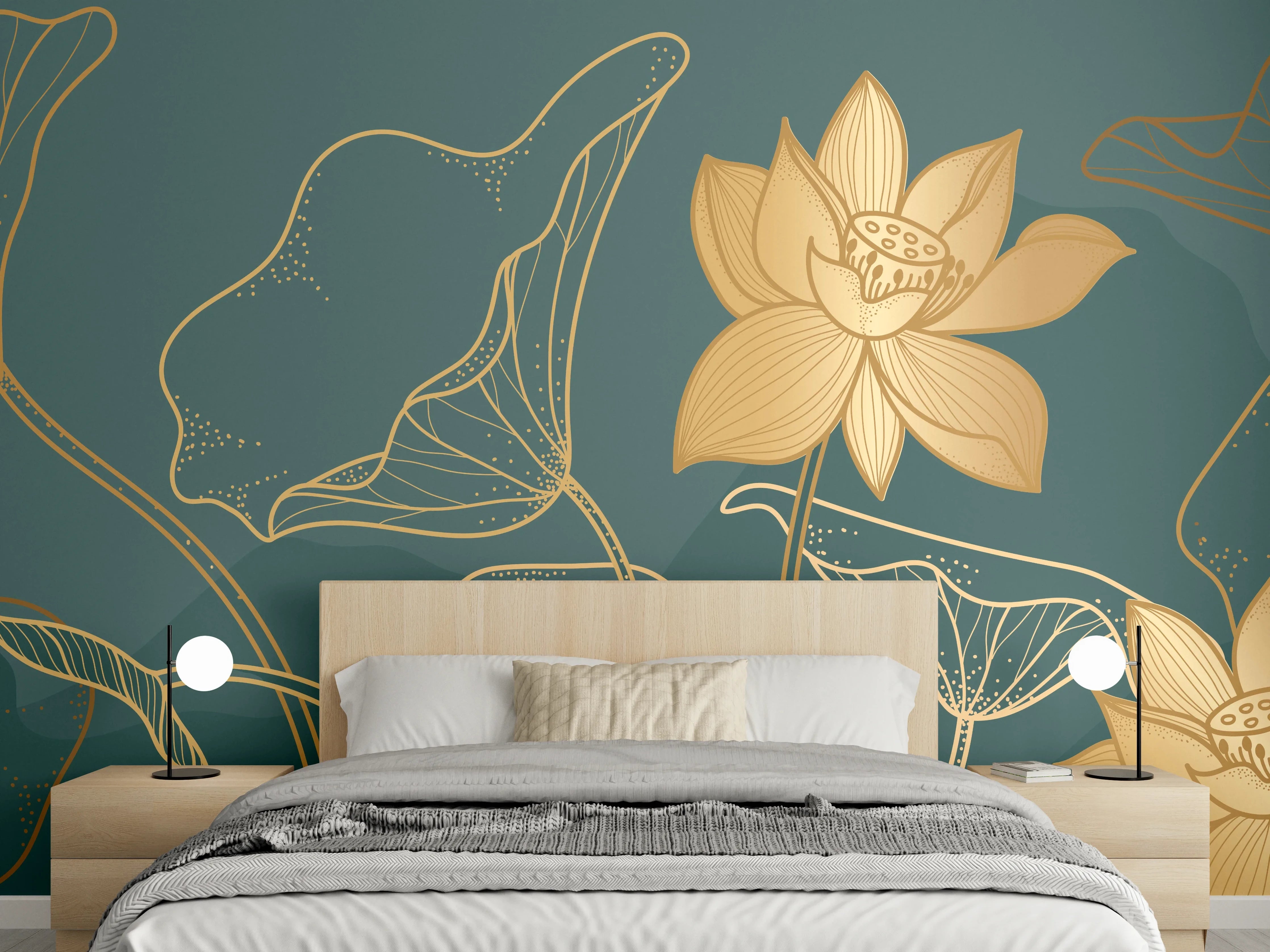 Wandverkleidung Schlafzimmer - Goldene Lotus Linienzeichnung