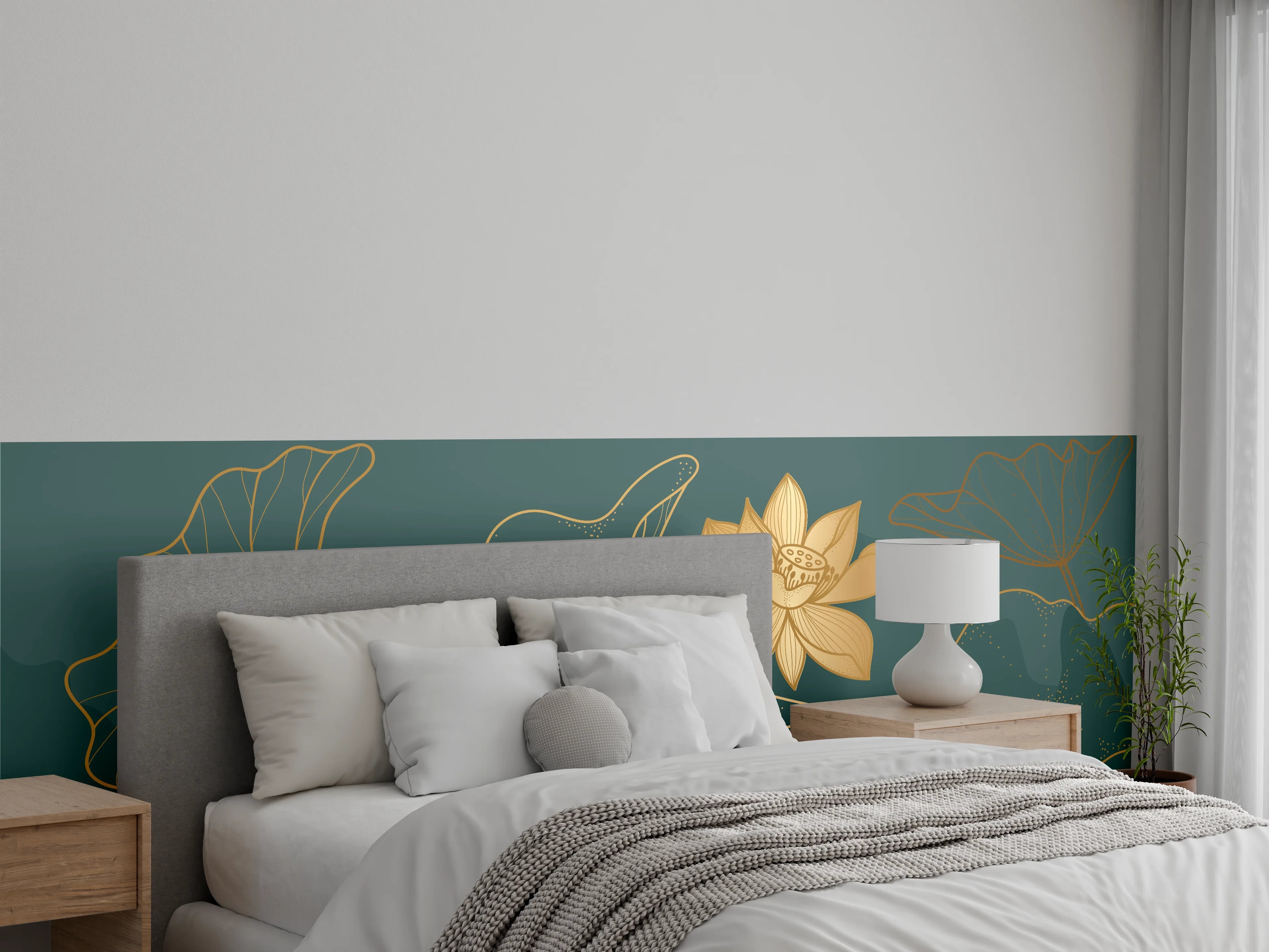 Wandverkleidung Schlafzimmer - Goldene Lotus Linienzeichnung
