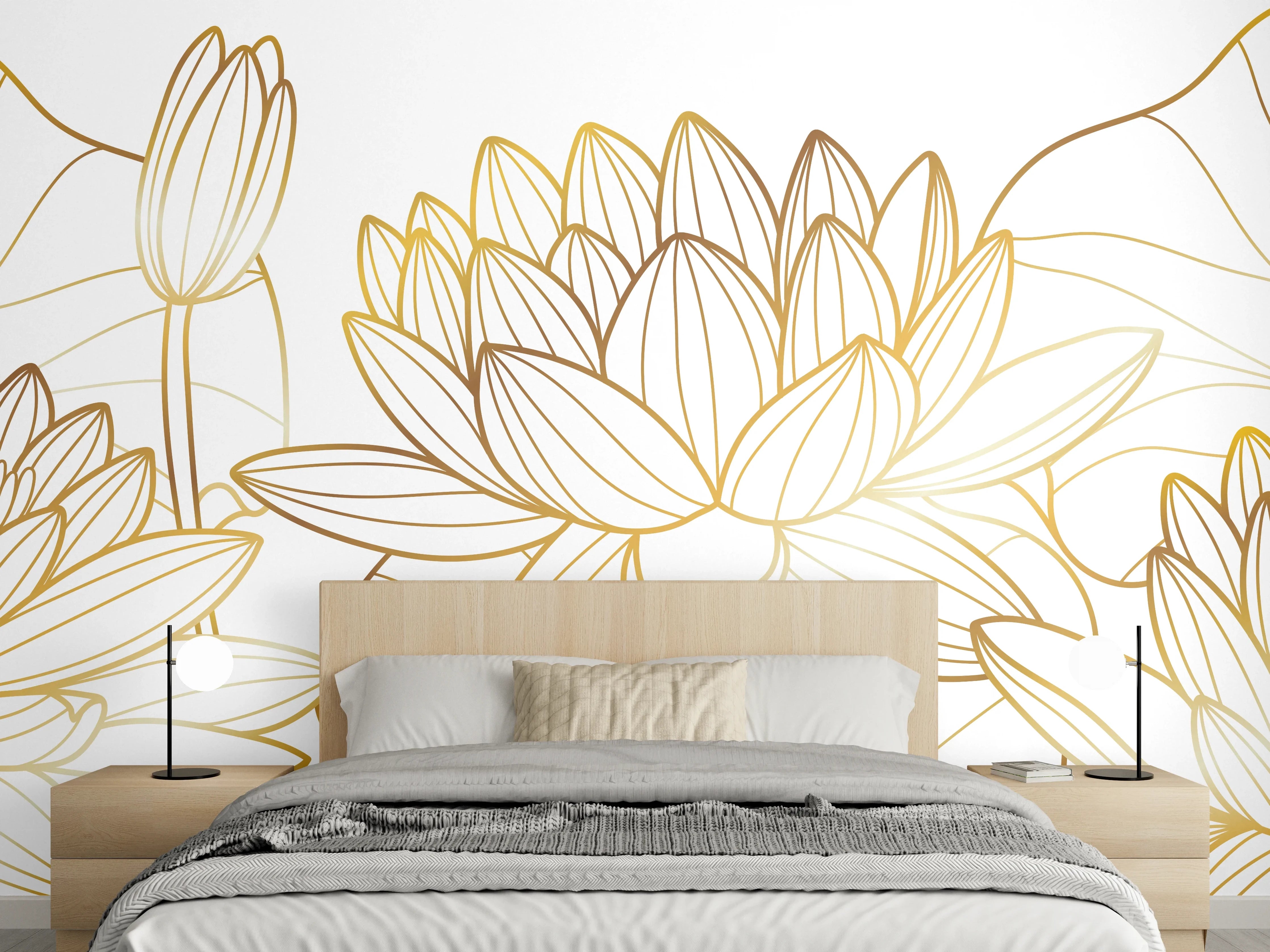 Wandverkleidung Schlafzimmer - Goldene Lotusblüte Zeichnung