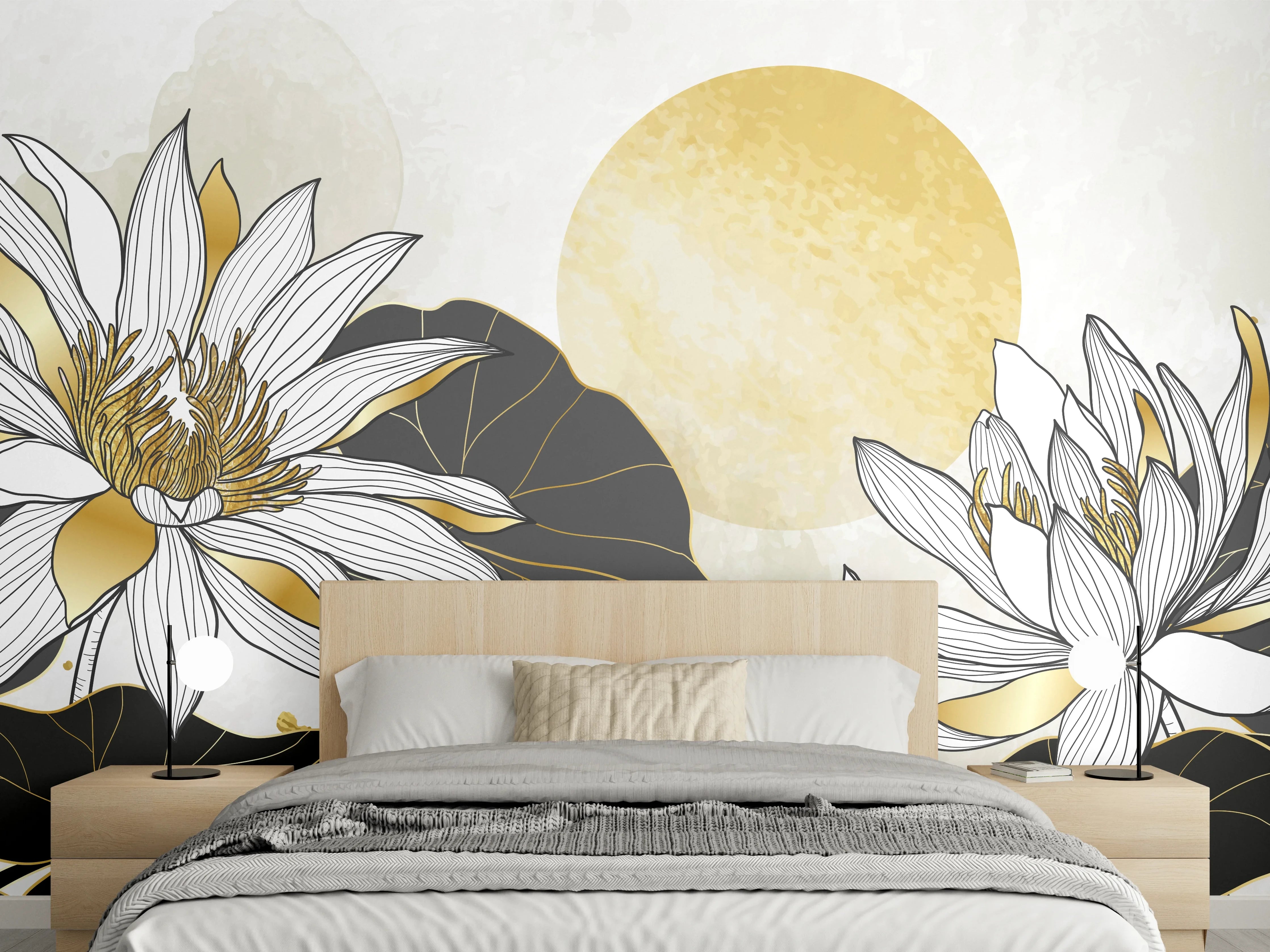 Wandverkleidung Schlafzimmer - Goldene Lotusblüten Illustration