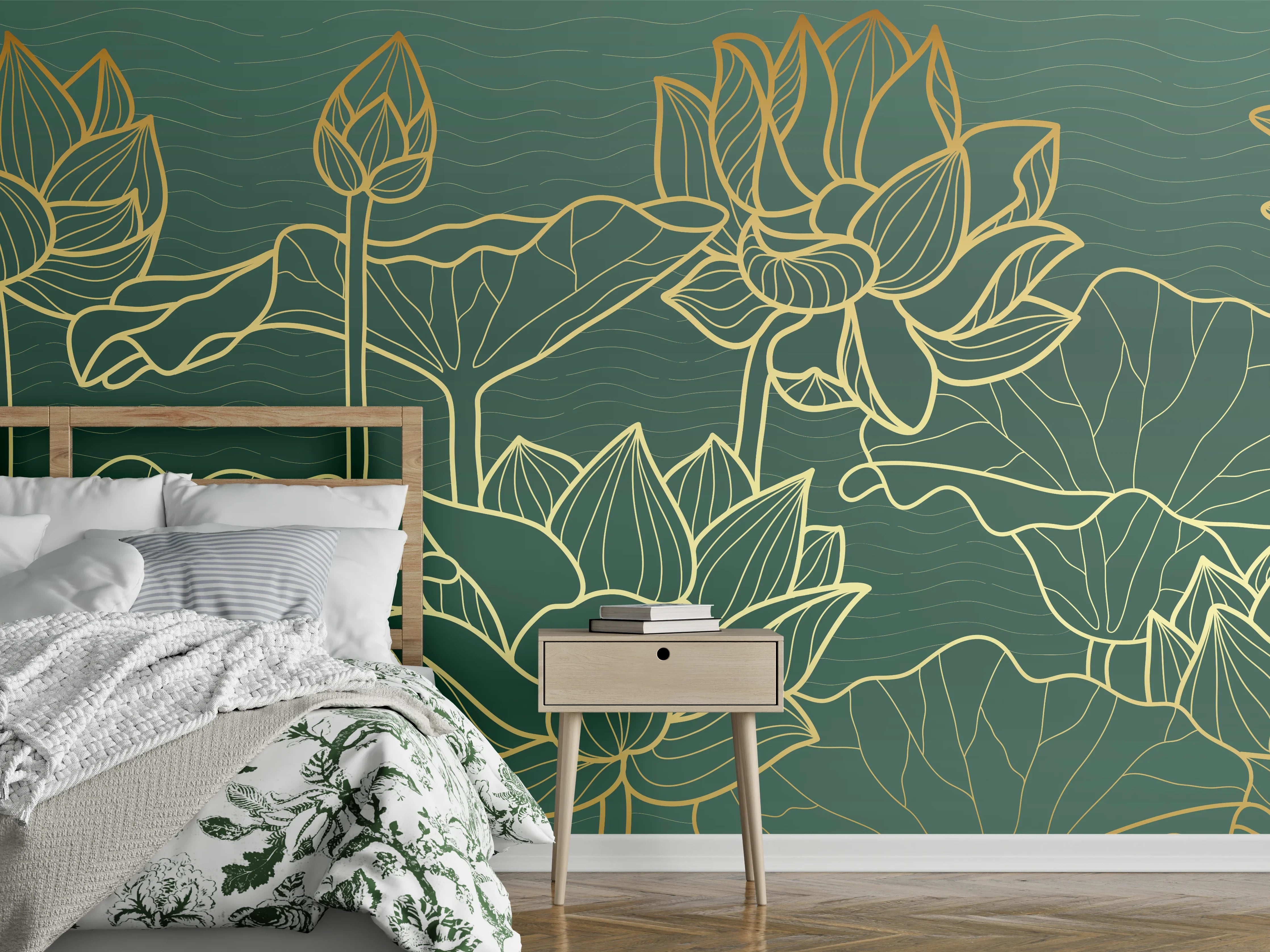 Wandverkleidung Schlafzimmer - Goldene Lotusblumen Kunstwerk