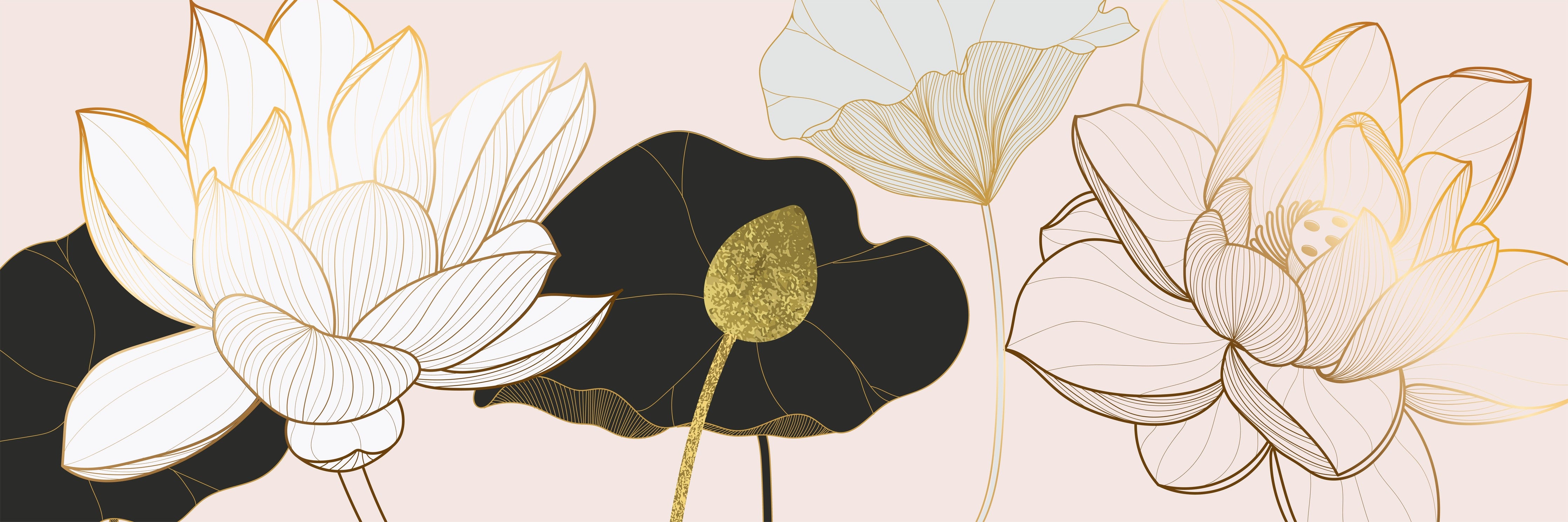 Wandverkleidung Schlafzimmer-Goldene Lotusblumen auf Schwarz