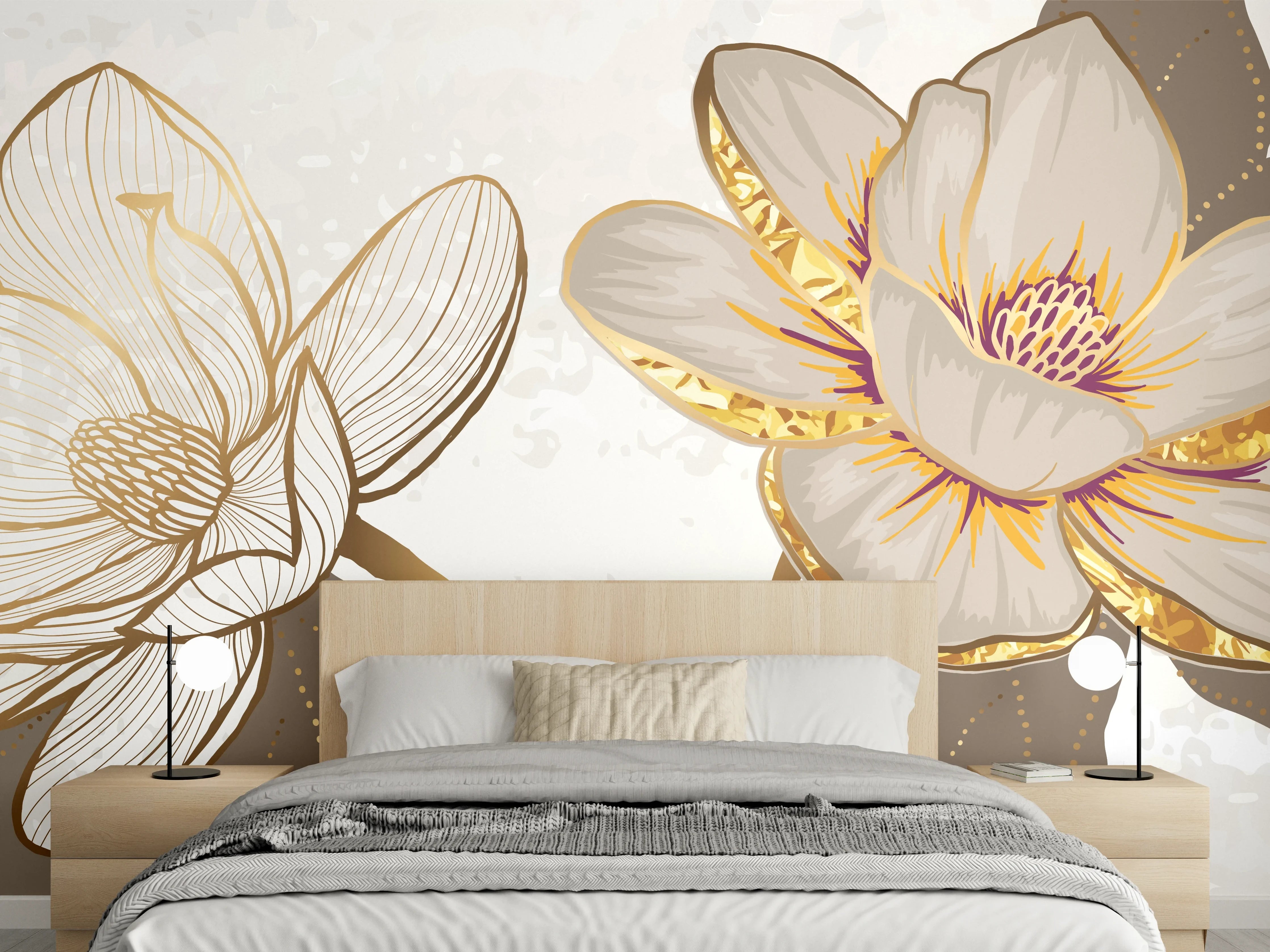 Wandverkleidung Schlafzimmer - Goldene Magnolien Kunst-Design
