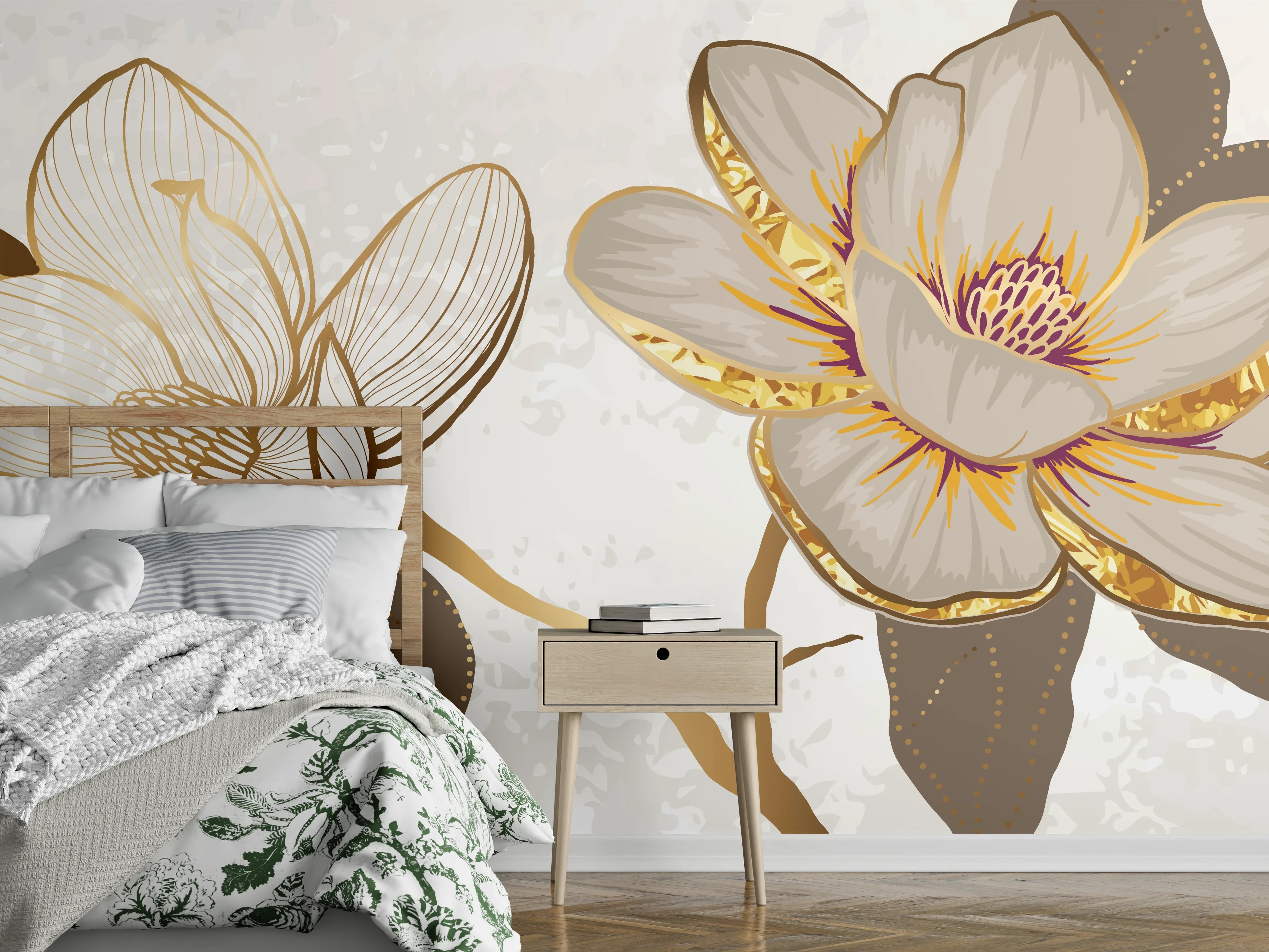 Wandverkleidung Schlafzimmer - Goldene Magnolien Kunst-Design