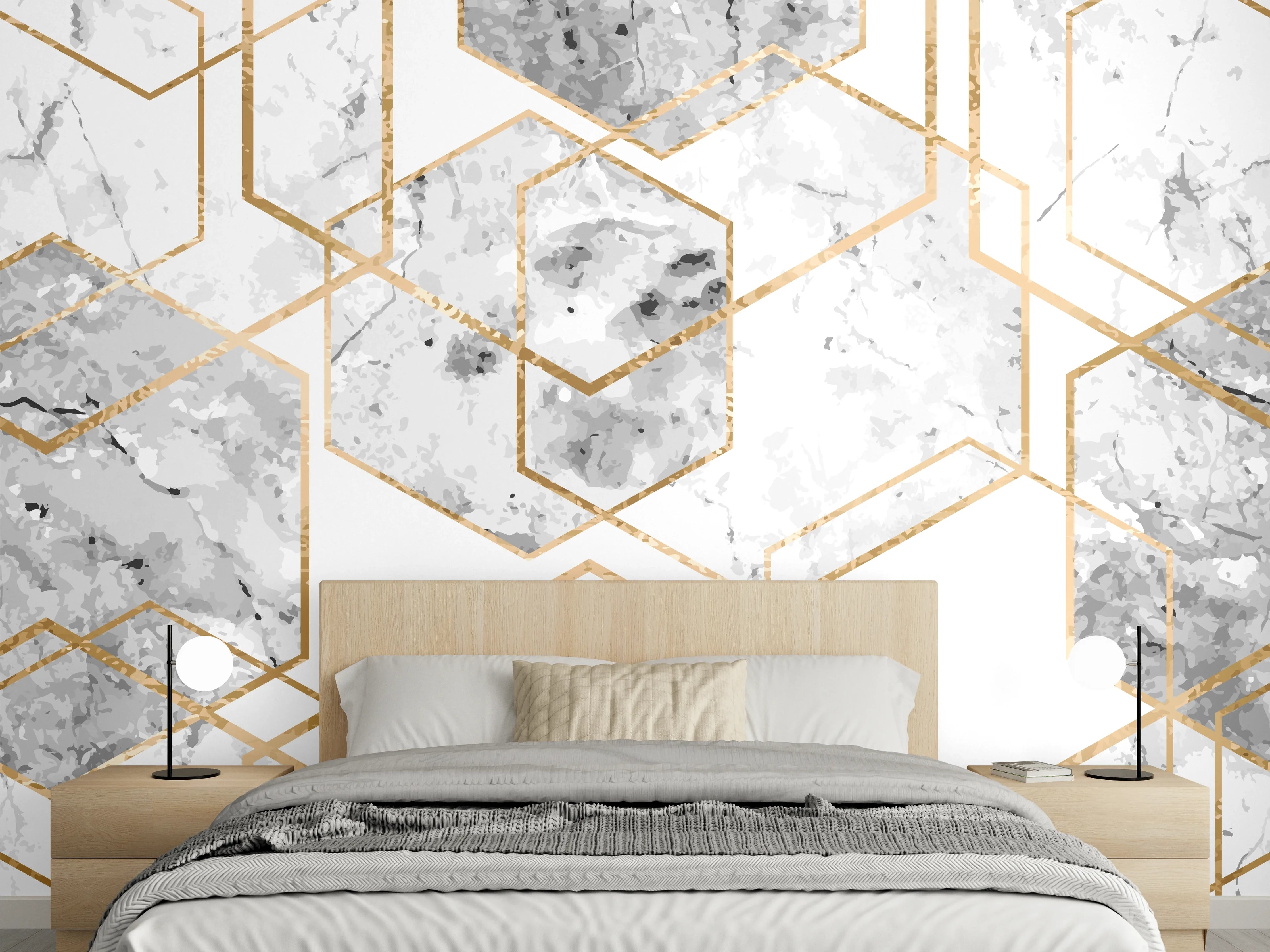Wandverkleidung Schlafzimmer - Goldene Marmor-Hexagon-Muster in Weiß-Grau