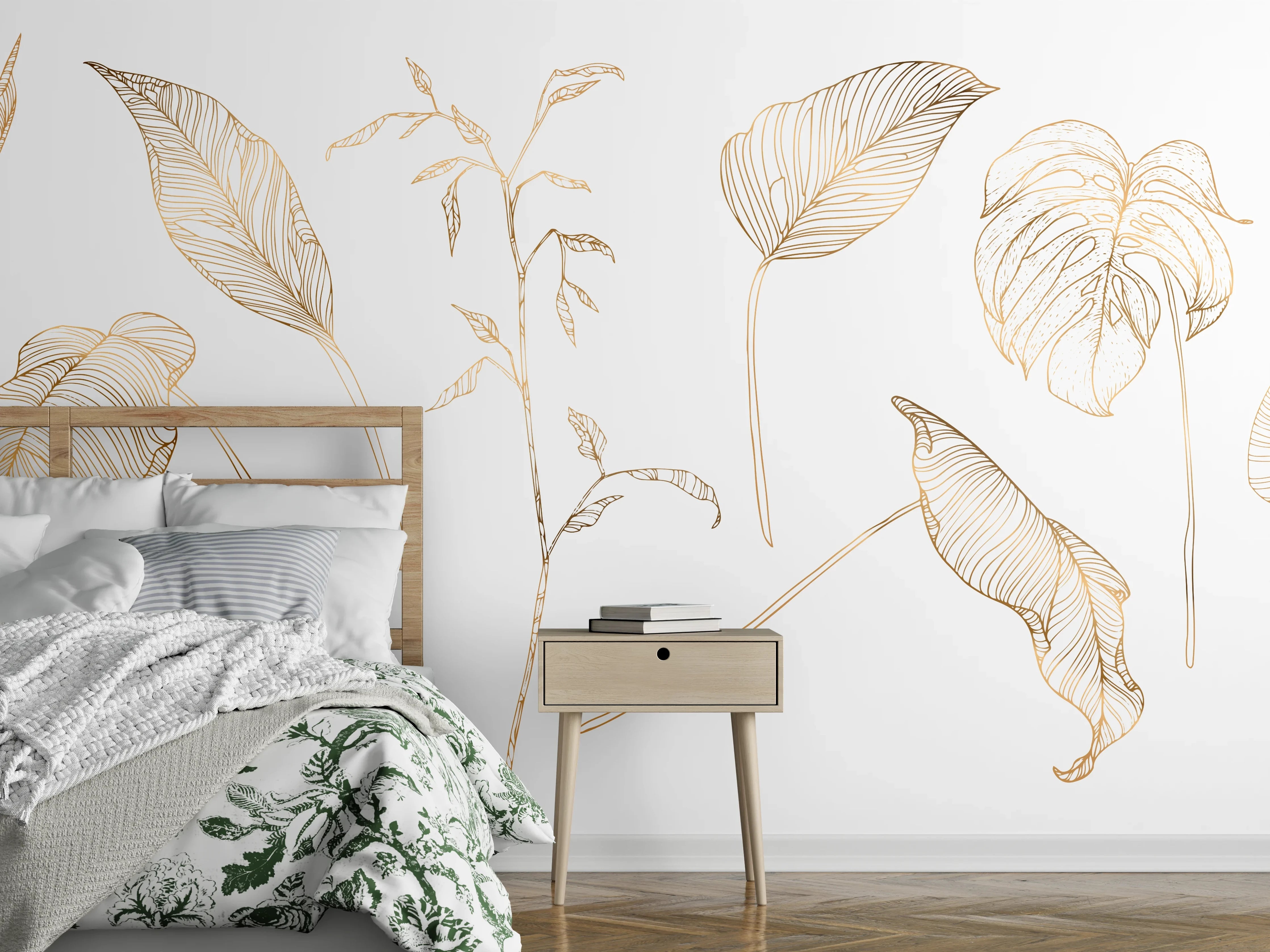 Wandverkleidung Schlafzimmer - Goldene Pflanzenlinien Zeichnung