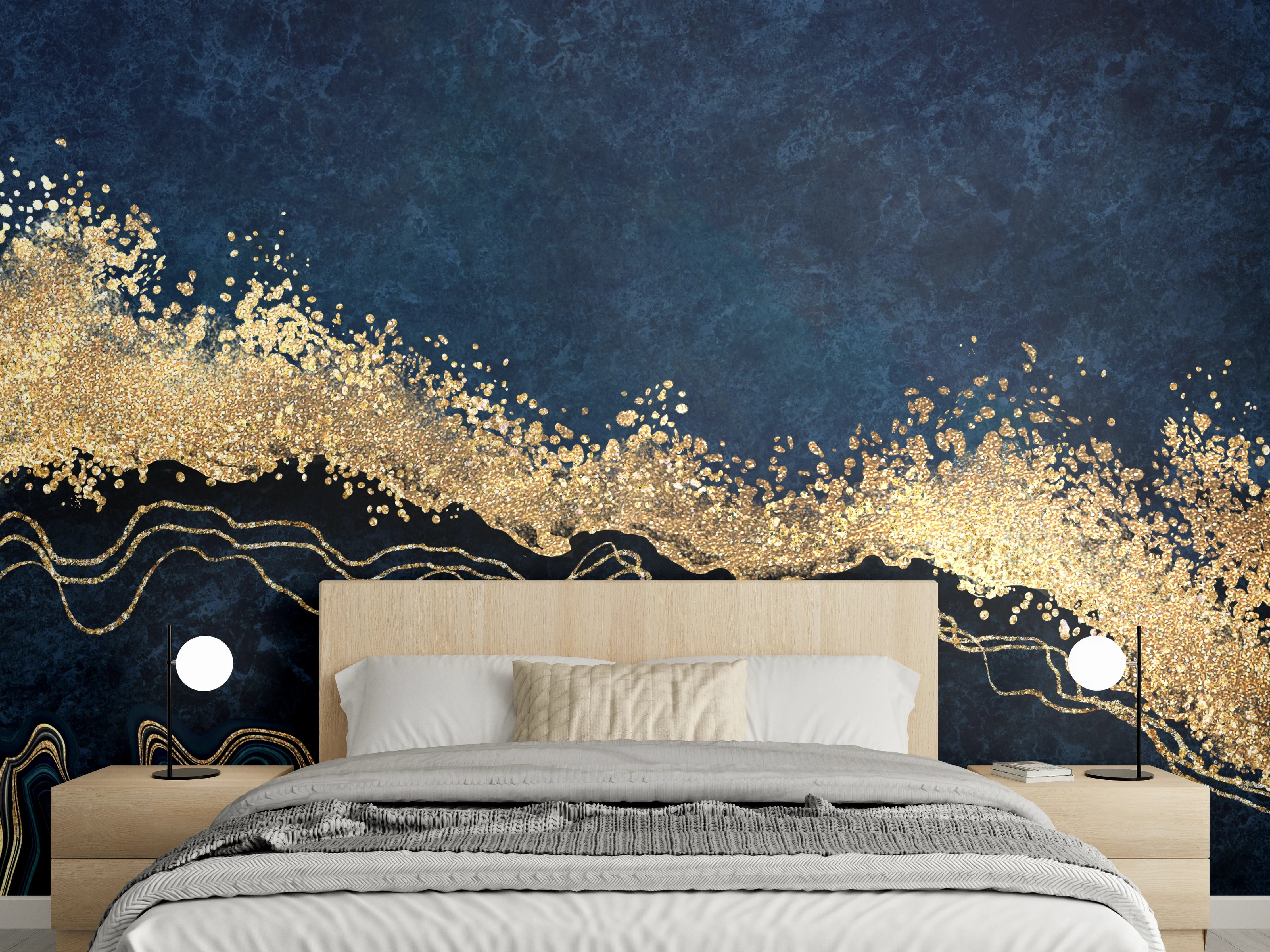 Wandverkleidung Schlafzimmer - Goldene Welle auf dunklem Marmor