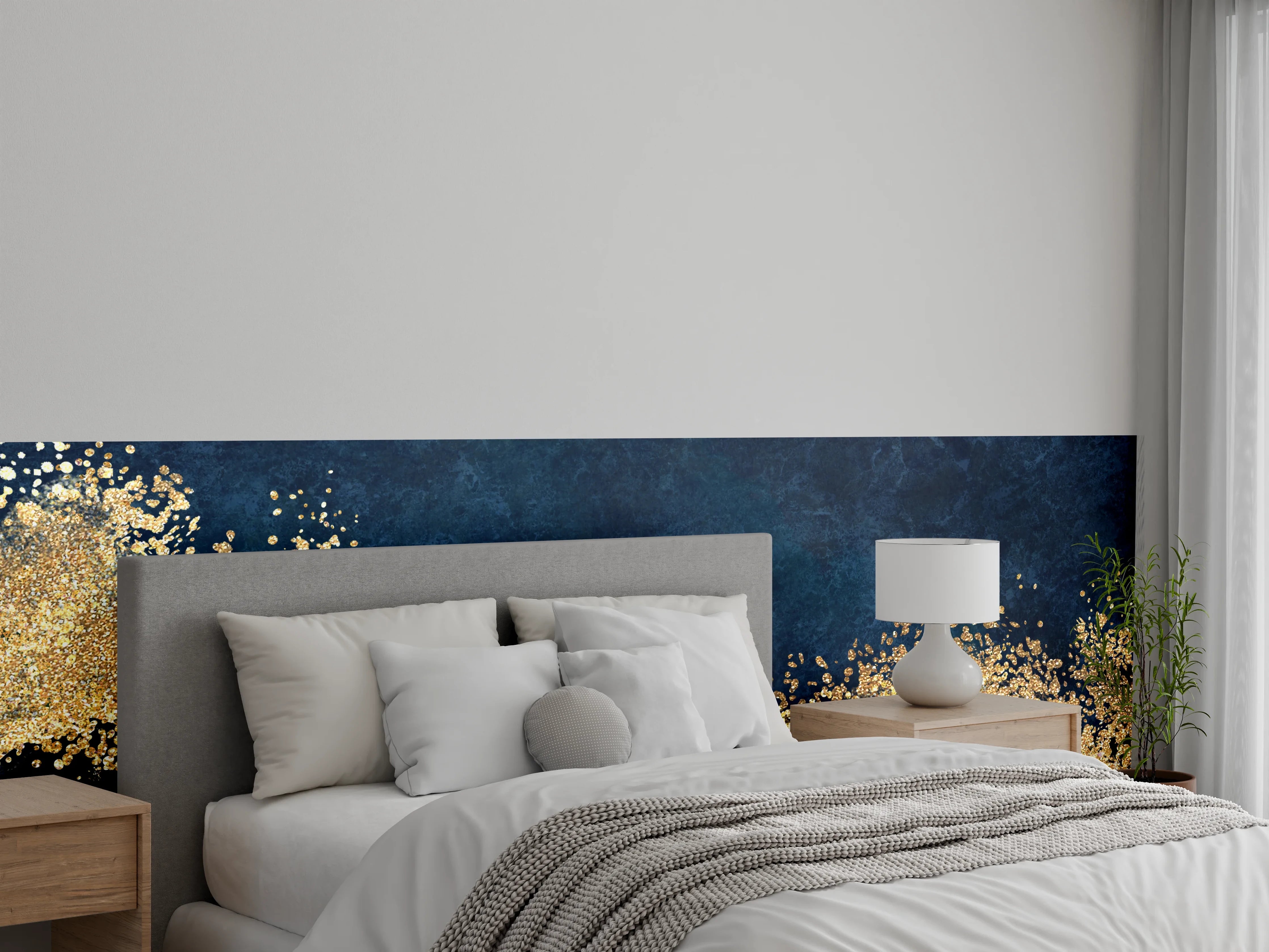 Wandverkleidung Schlafzimmer - Goldene Welle auf dunklem Marmor