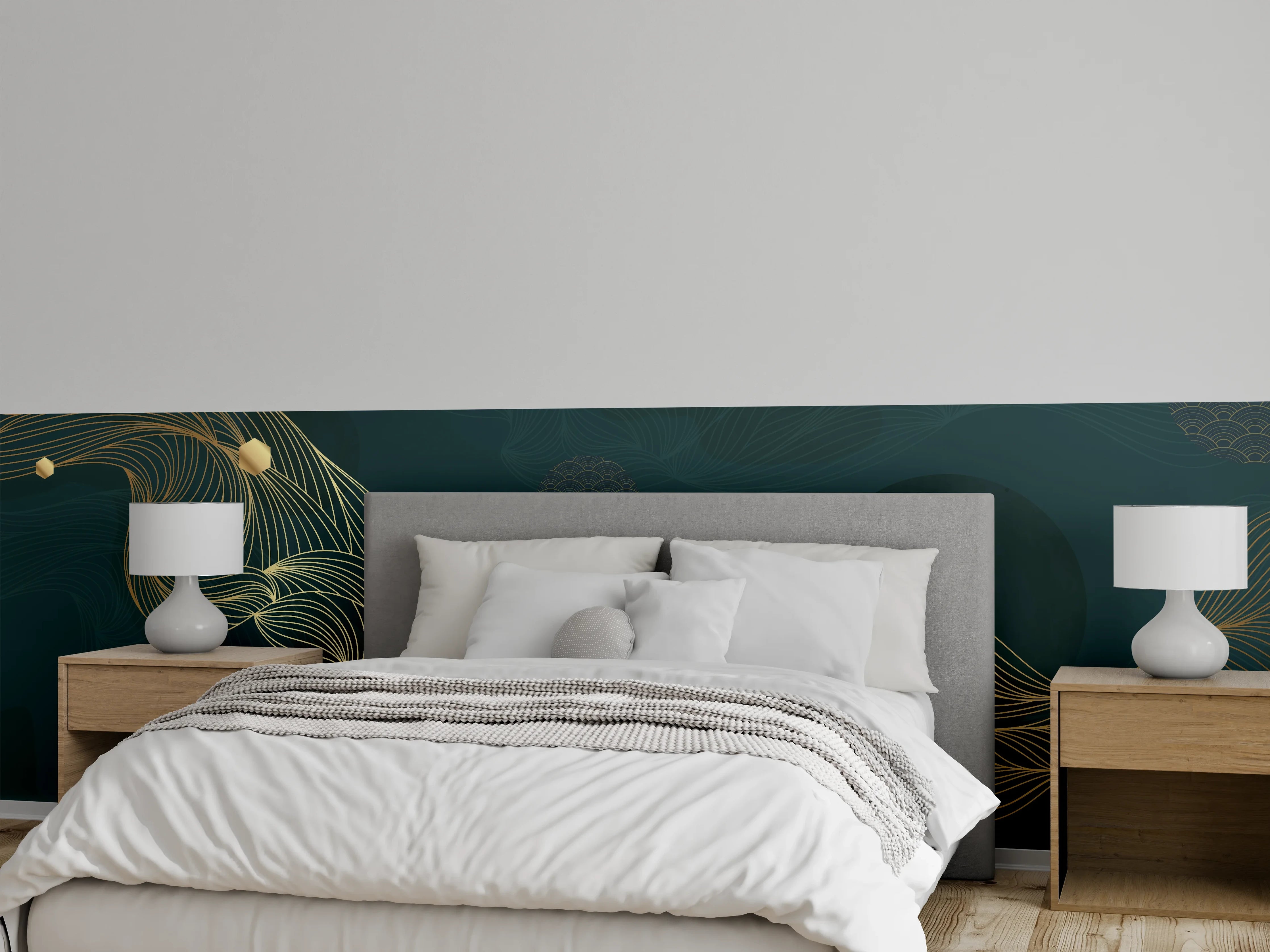 Wandverkleidung Schlafzimmer - Goldene Wellenlinien auf Dunkelblau