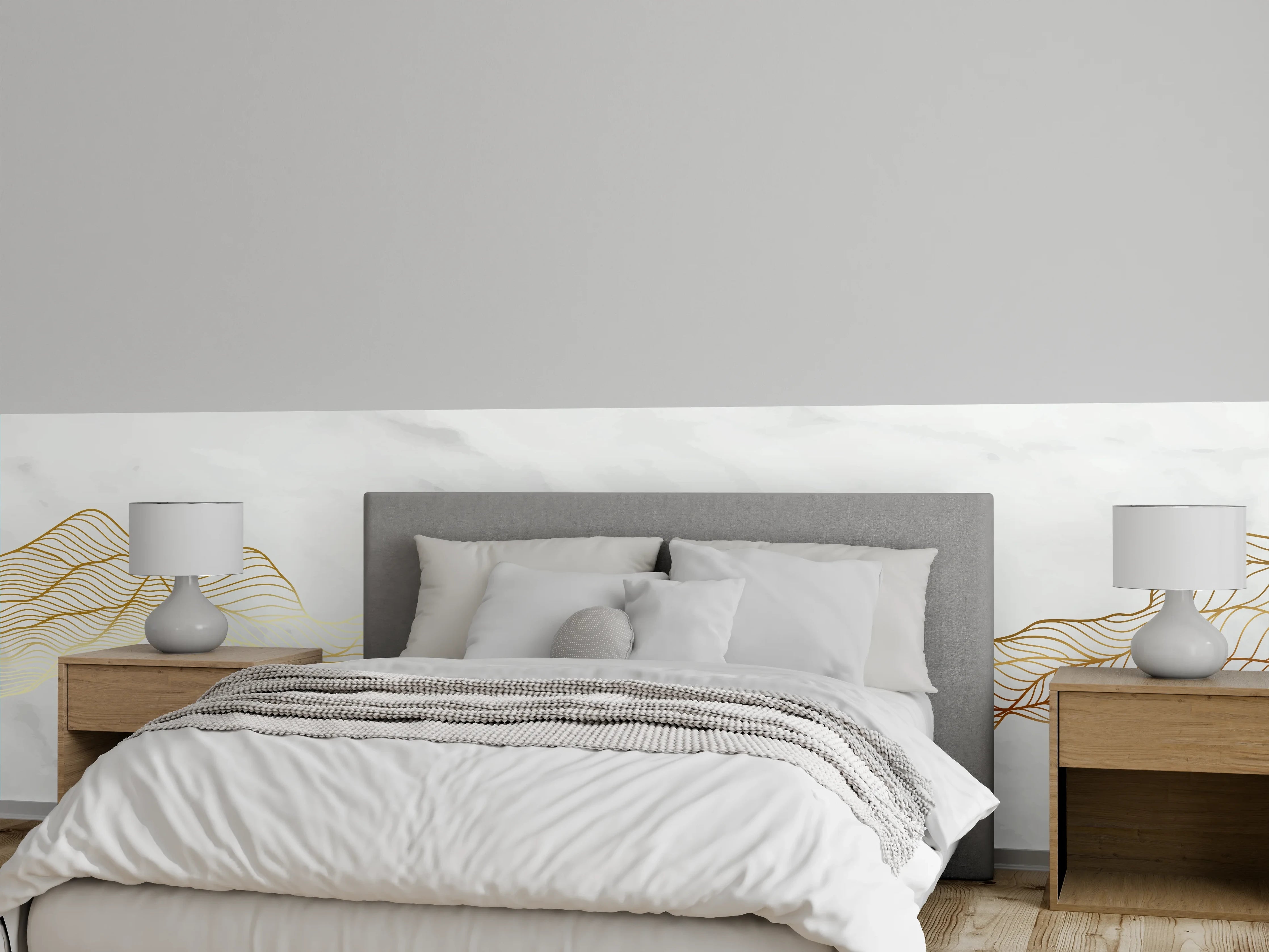 Wandverkleidung Schlafzimmer - Goldene Wellenlinien auf Marmor
