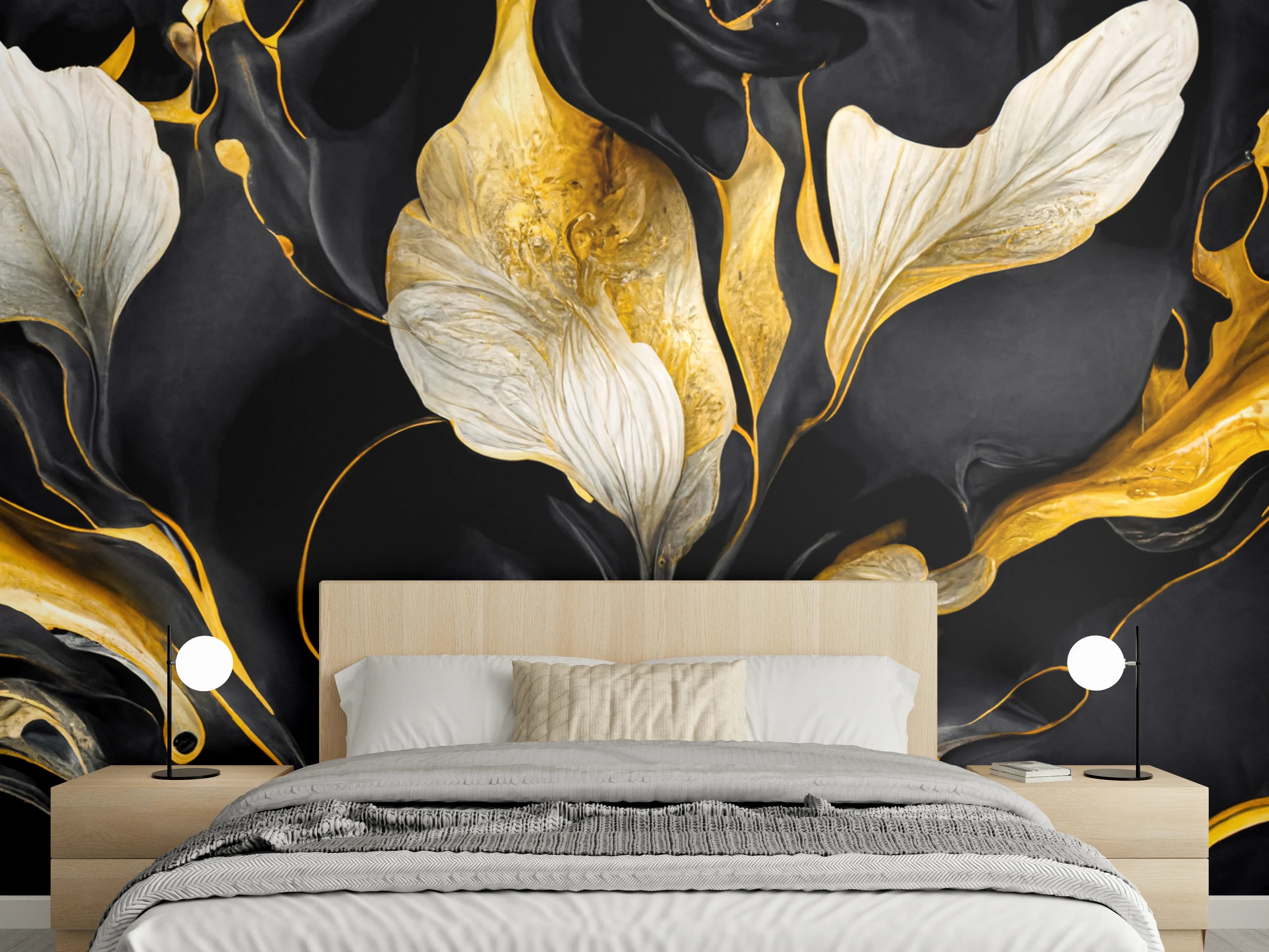 Wandverkleidung Schlafzimmer - Goldene abstrakte Blütenpracht auf Schwarz