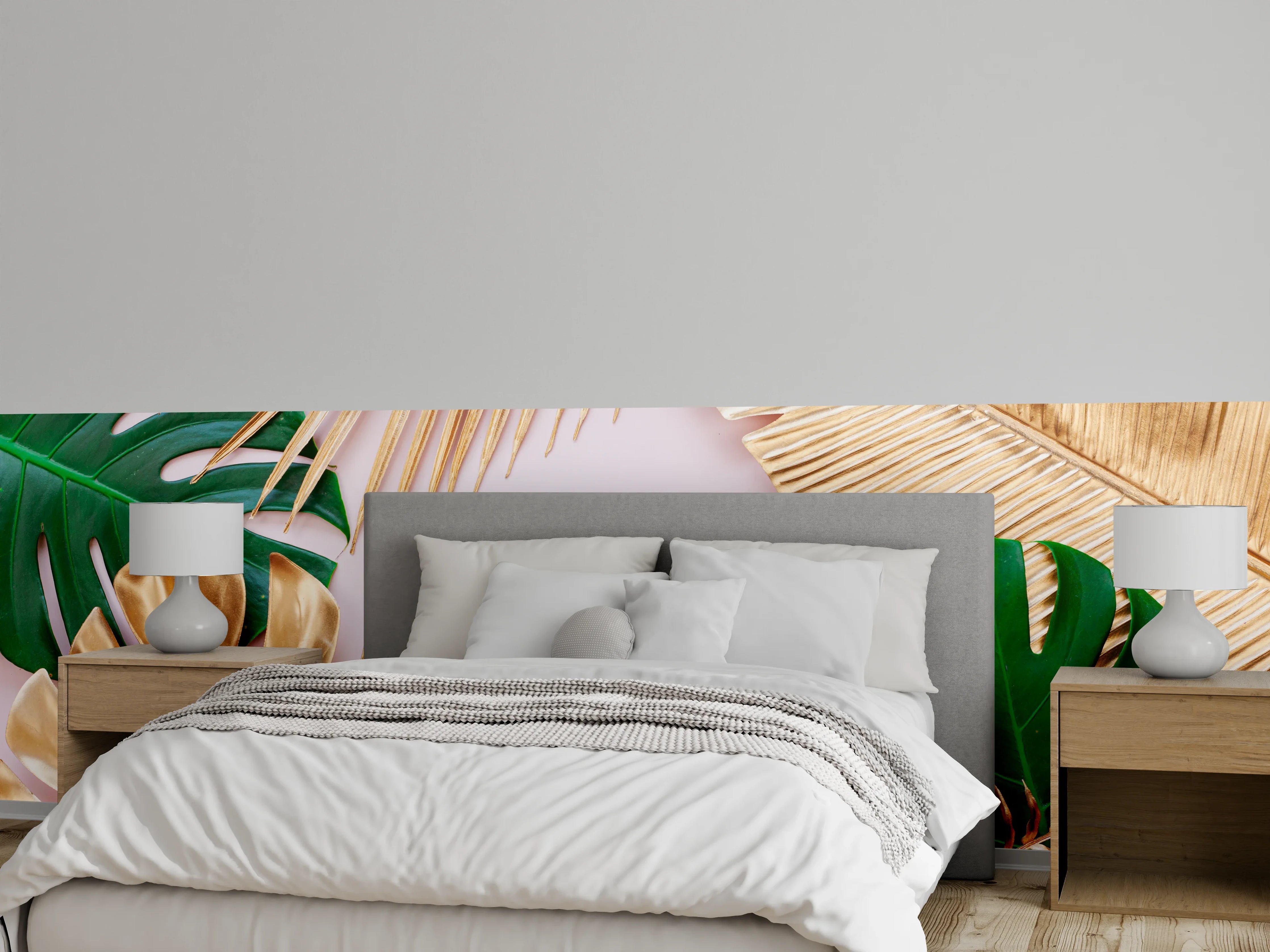 Wandverkleidung Schlafzimmer - Goldene und grüne Blätter-Deko