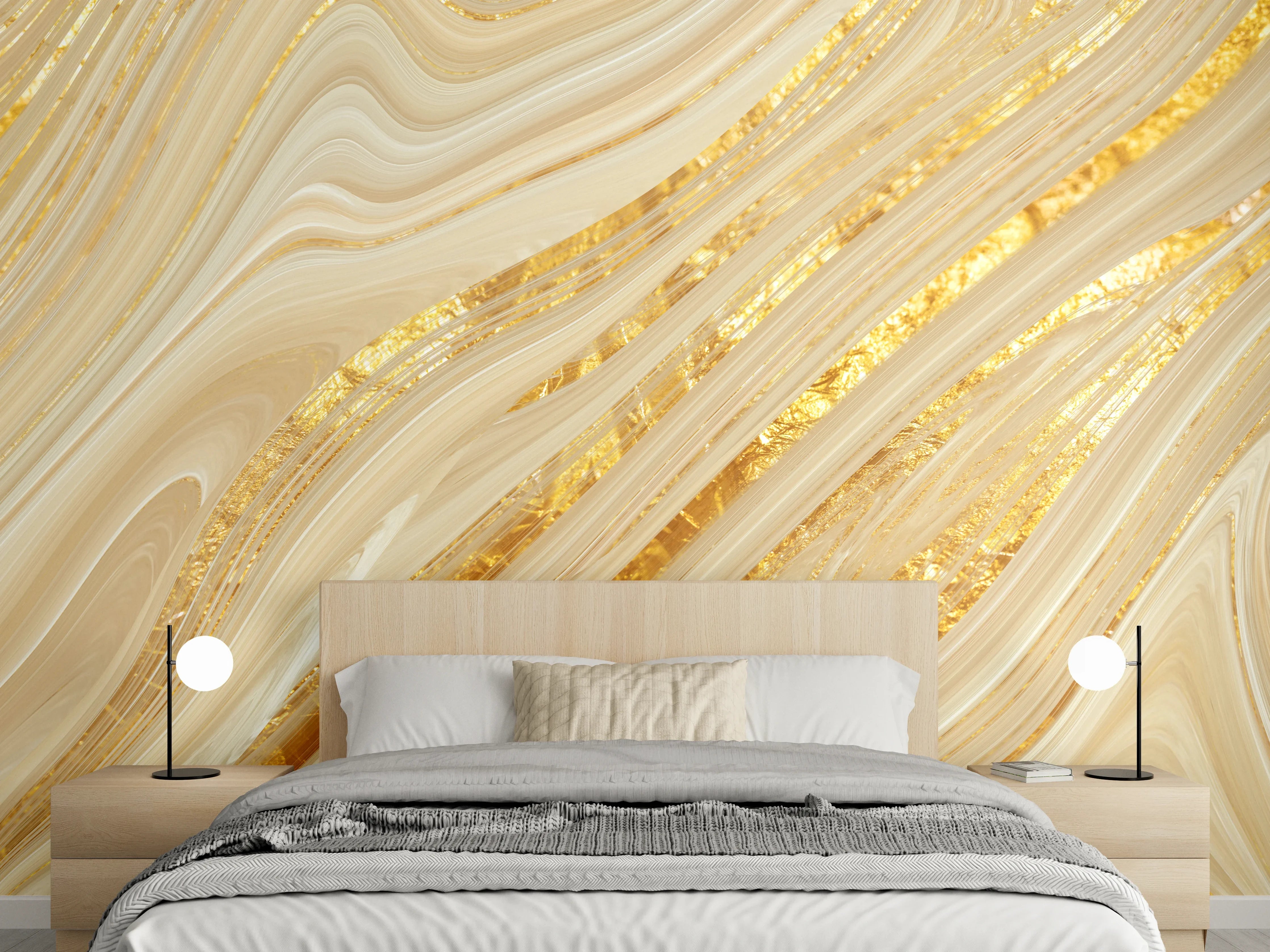 Wandverkleidung Schlafzimmer - Goldene wellenförmige Marmorierung
