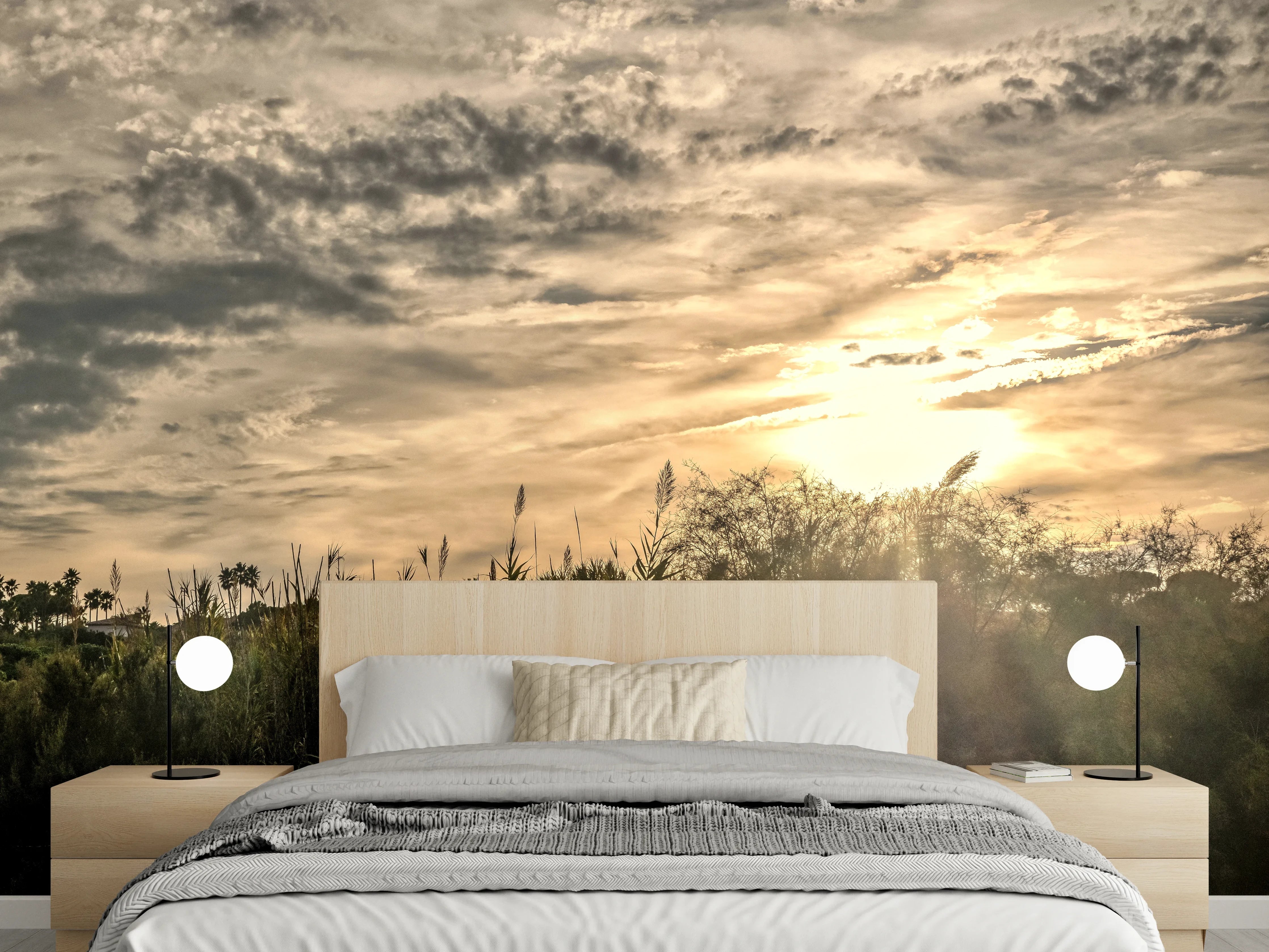 Wandverkleidung Schlafzimmer - Goldener Sonnenuntergang über grüner Landschaft