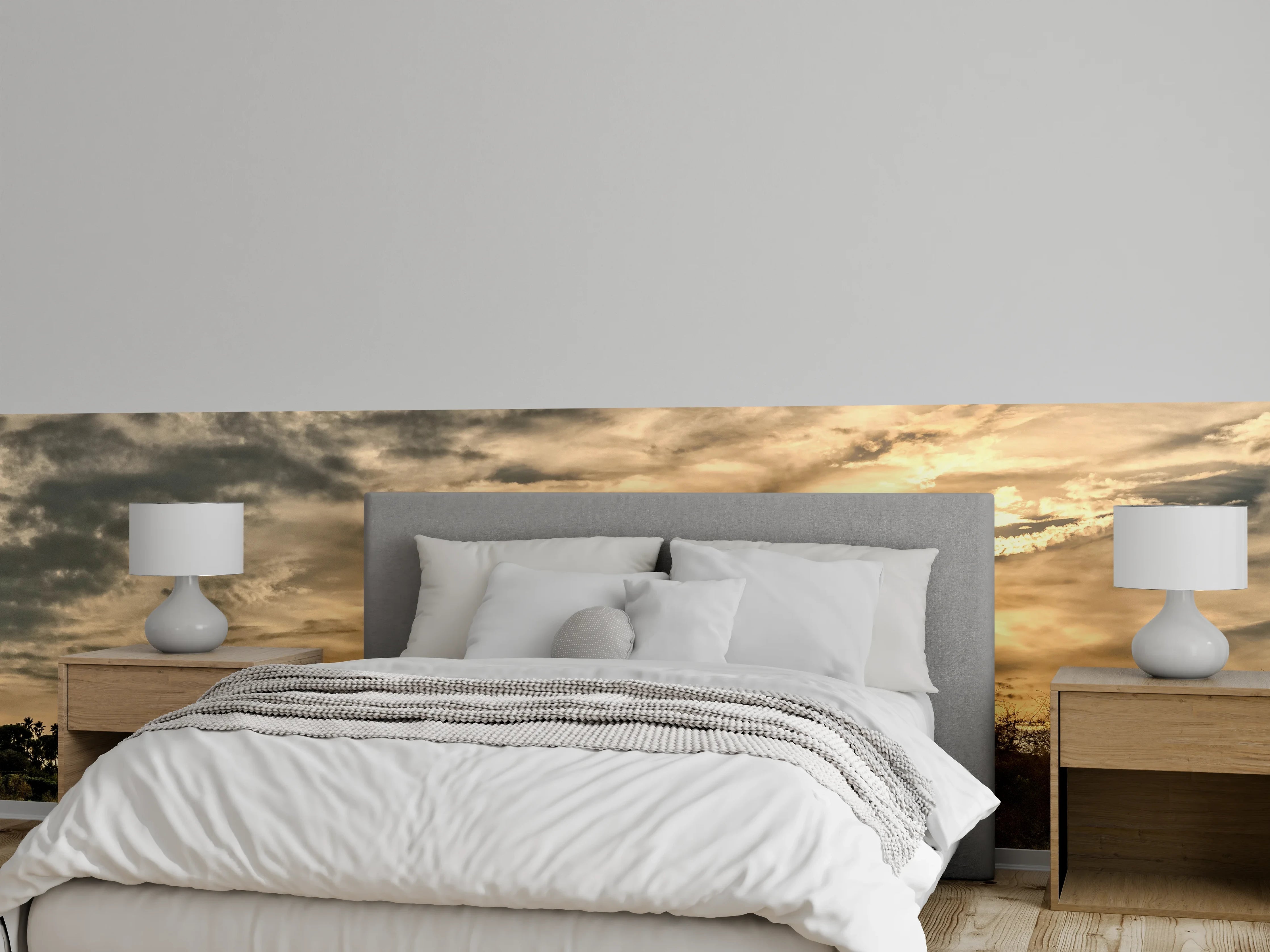 Wandverkleidung Schlafzimmer - Goldener Sonnenuntergang über grüner Landschaft