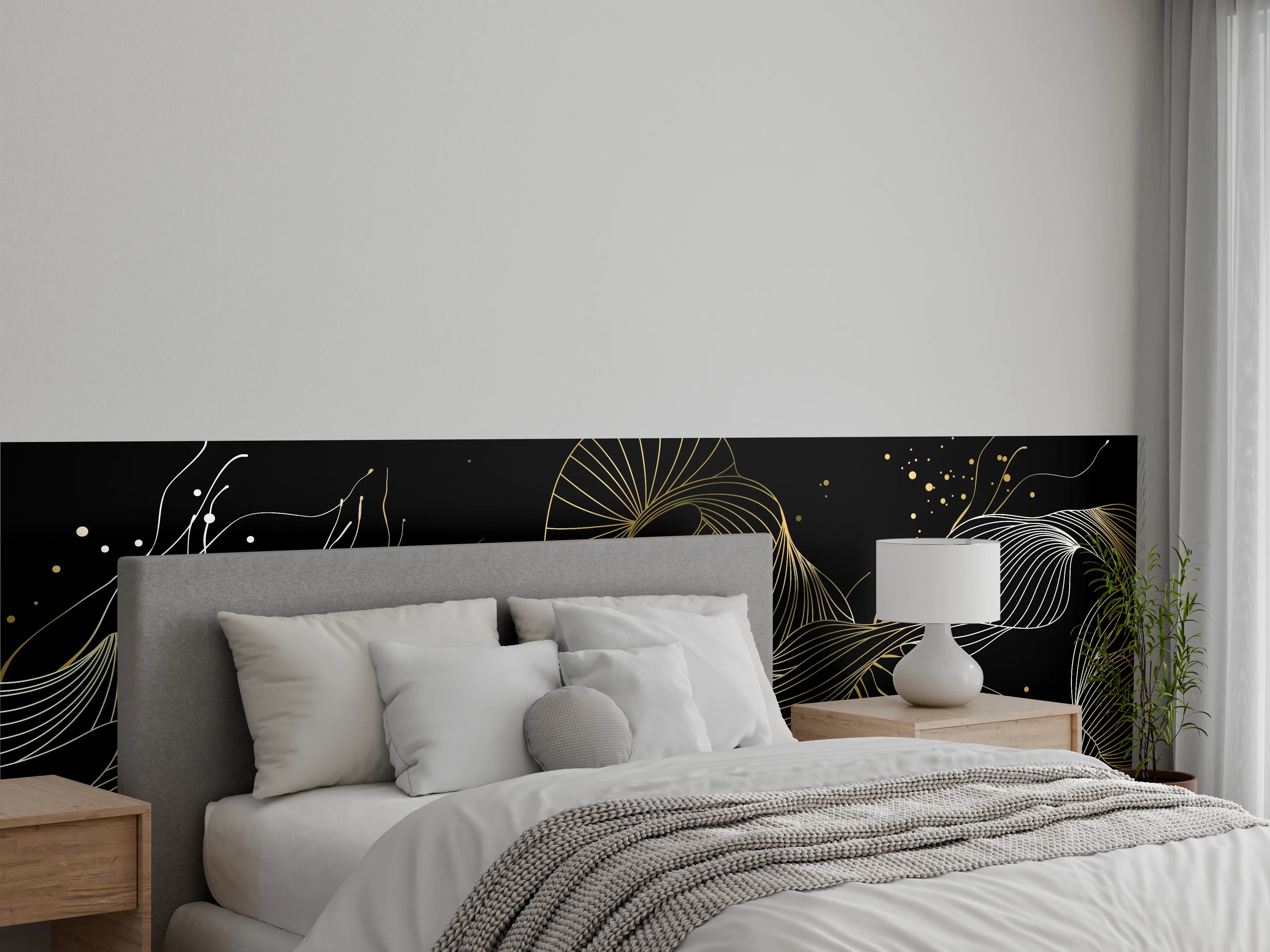 Wandverkleidung Schlafzimmer - Goldenes Linienmuster auf Schwarz