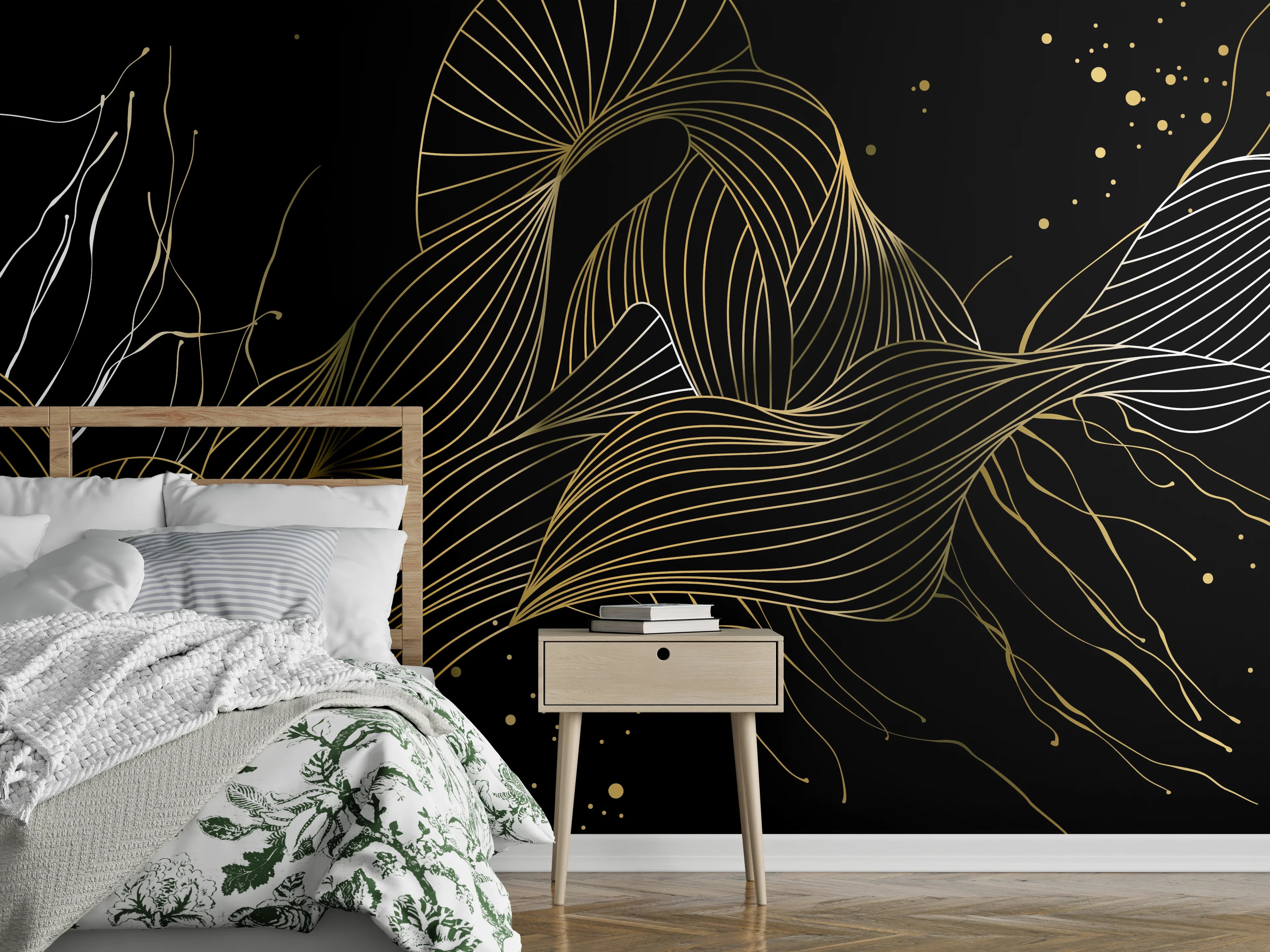 Wandverkleidung Schlafzimmer - Goldenes Linienmuster auf Schwarz