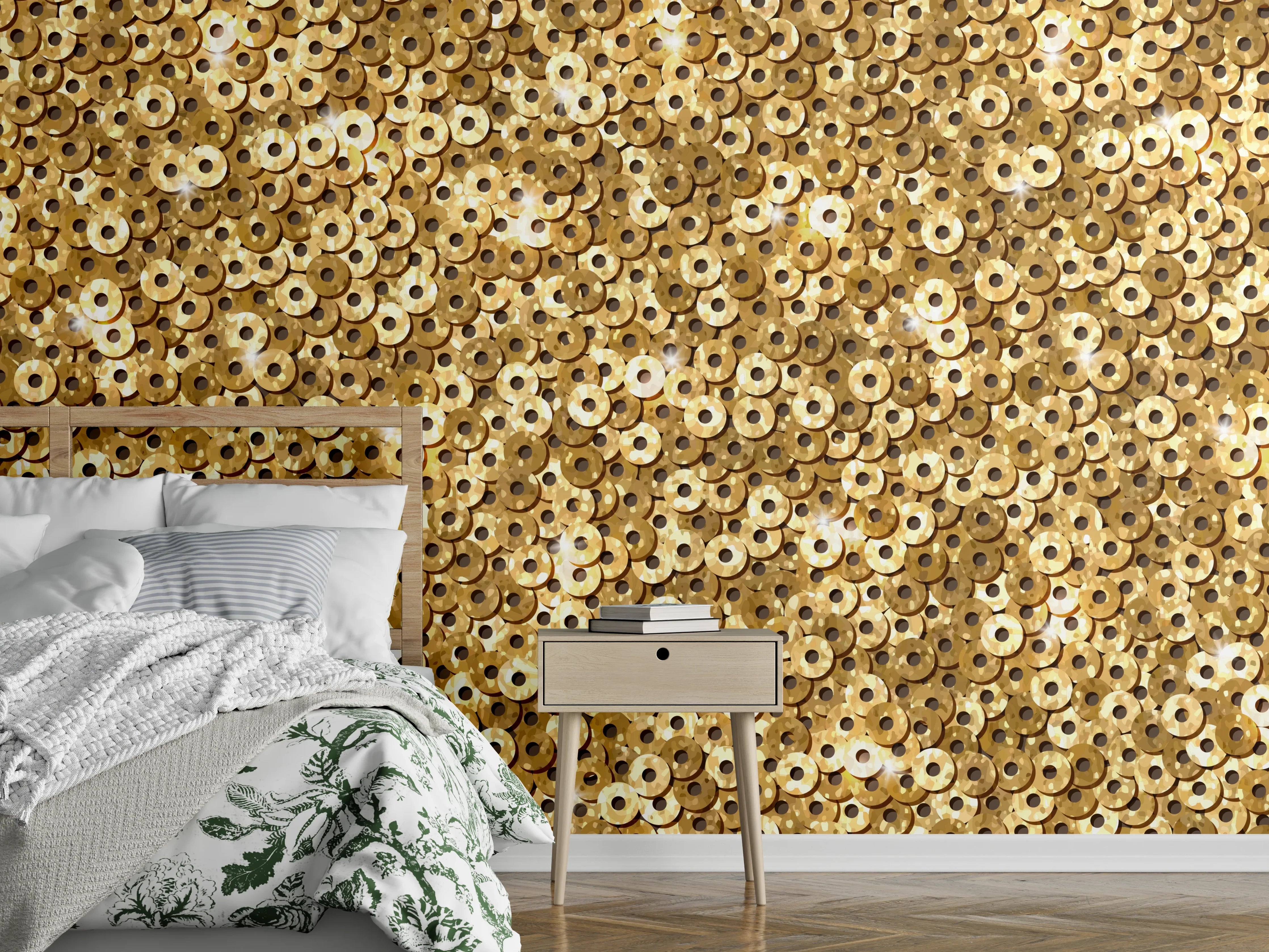 Wandverkleidung Schlafzimmer - Goldenes Pailletten-Muster