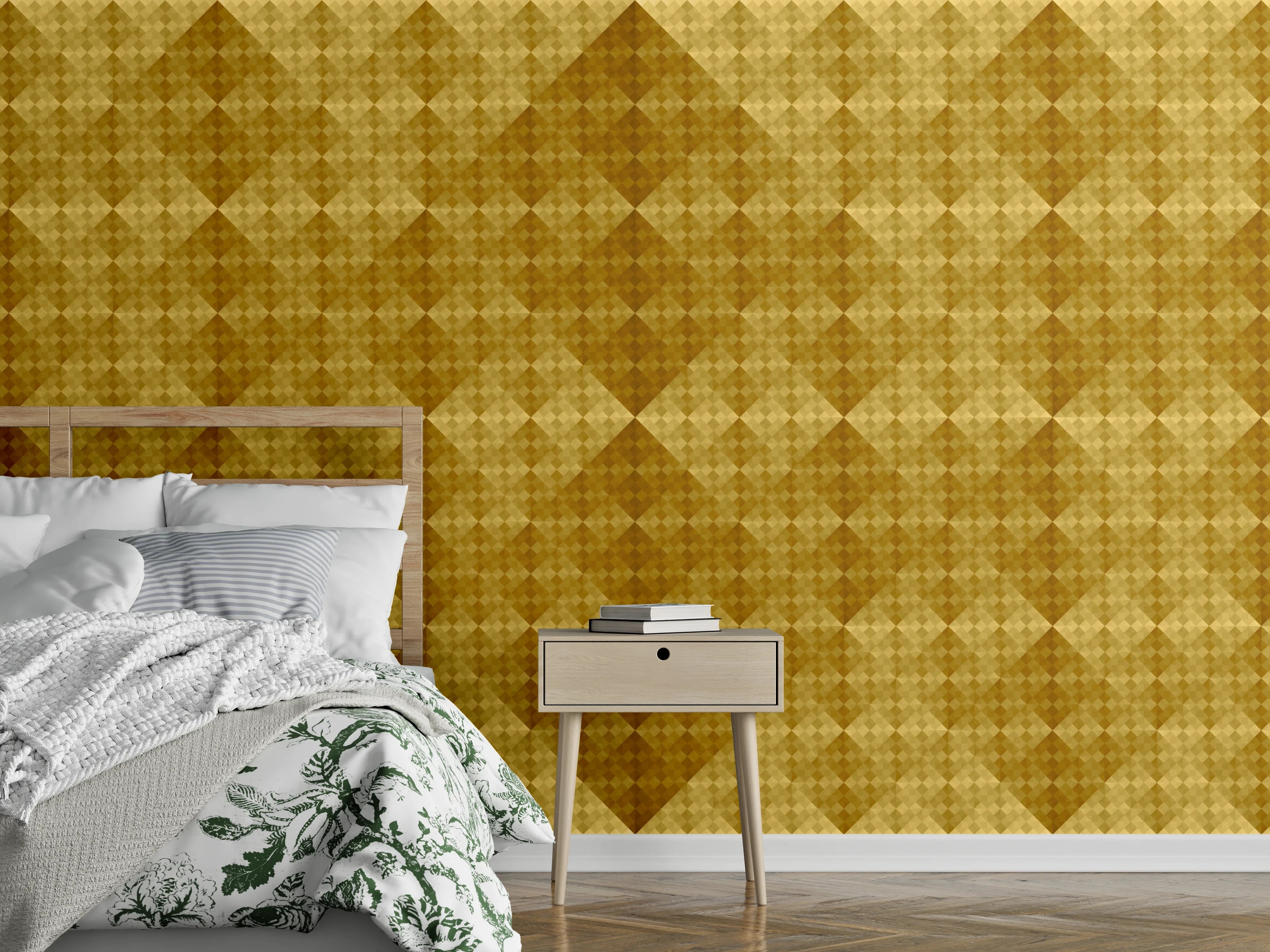 Wandverkleidung Schlafzimmer - Goldenes Rautenmuster Tapeten-Design