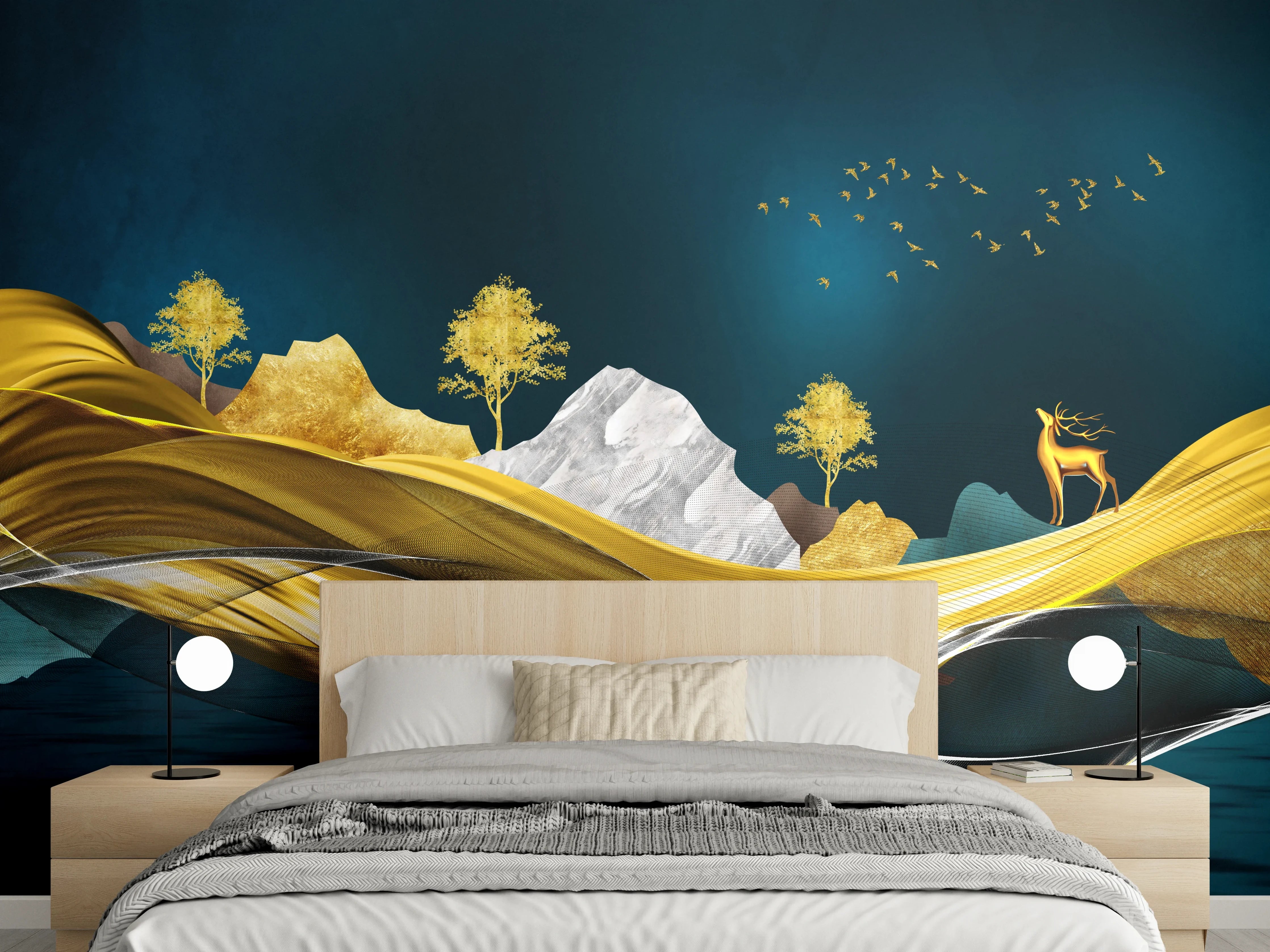 Wandverkleidung Schlafzimmer - Goldenes Wellendesign - 3D