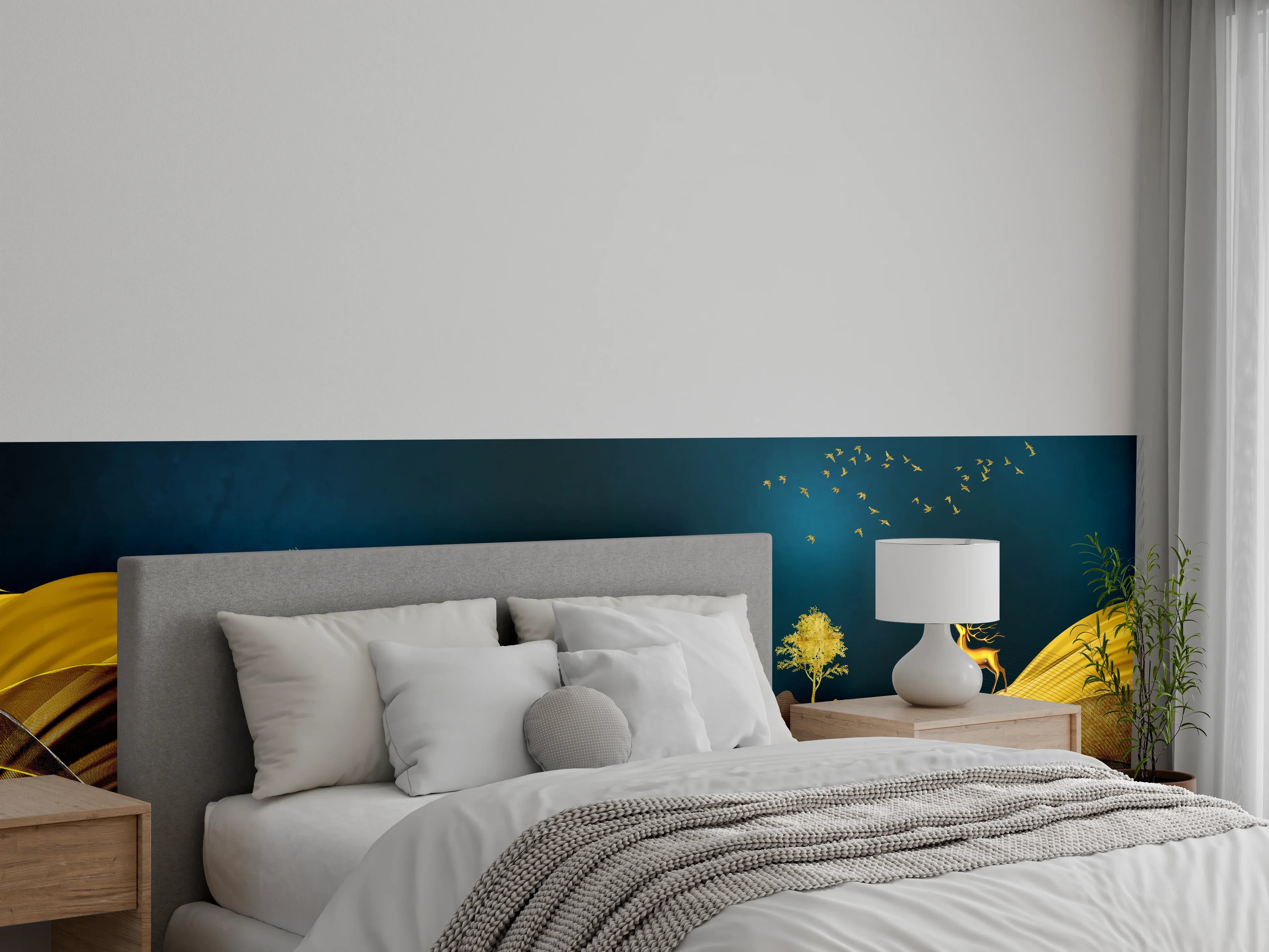 Wandverkleidung Schlafzimmer - Goldenes Wellendesign - 3D